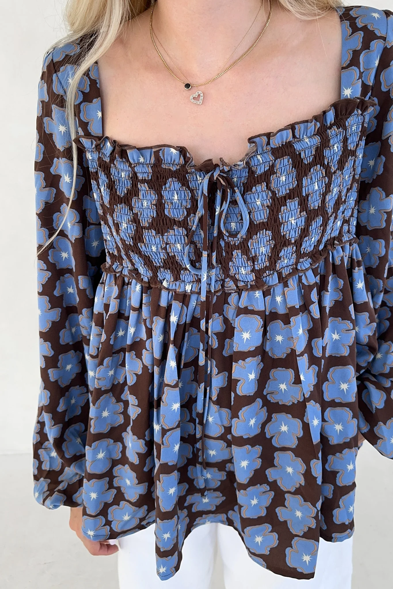 Honey Floral Print Smocked Babydoll Top - Image 7