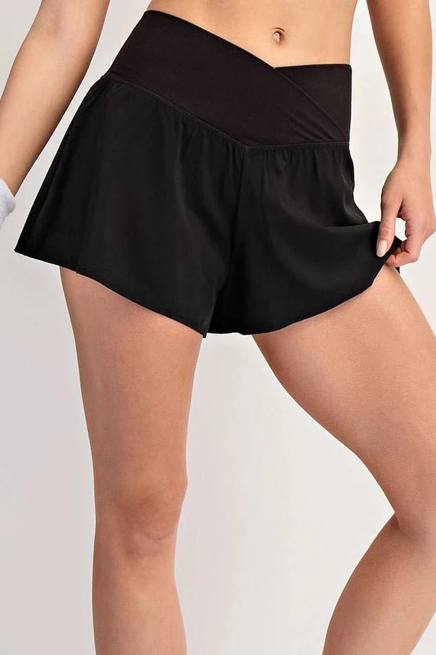 In Motion V Crossover Flared Shorts in Black - Image 3