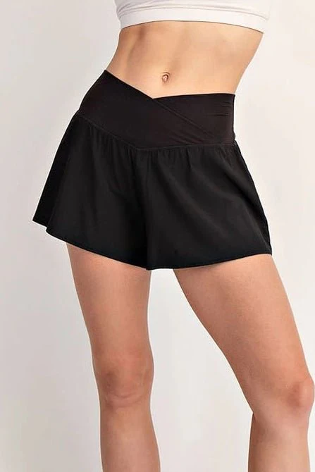 In Motion V Crossover Flared Shorts in Black - Image 5