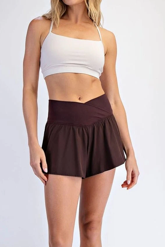 In Motion V Crossover Flared Shorts in Chocolate - Image 5