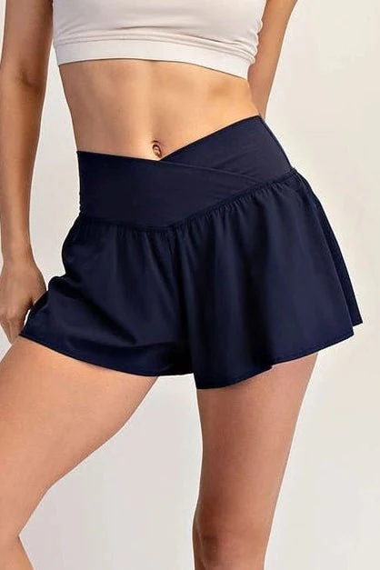 In Motion V Crossover Flared Shorts in Navy