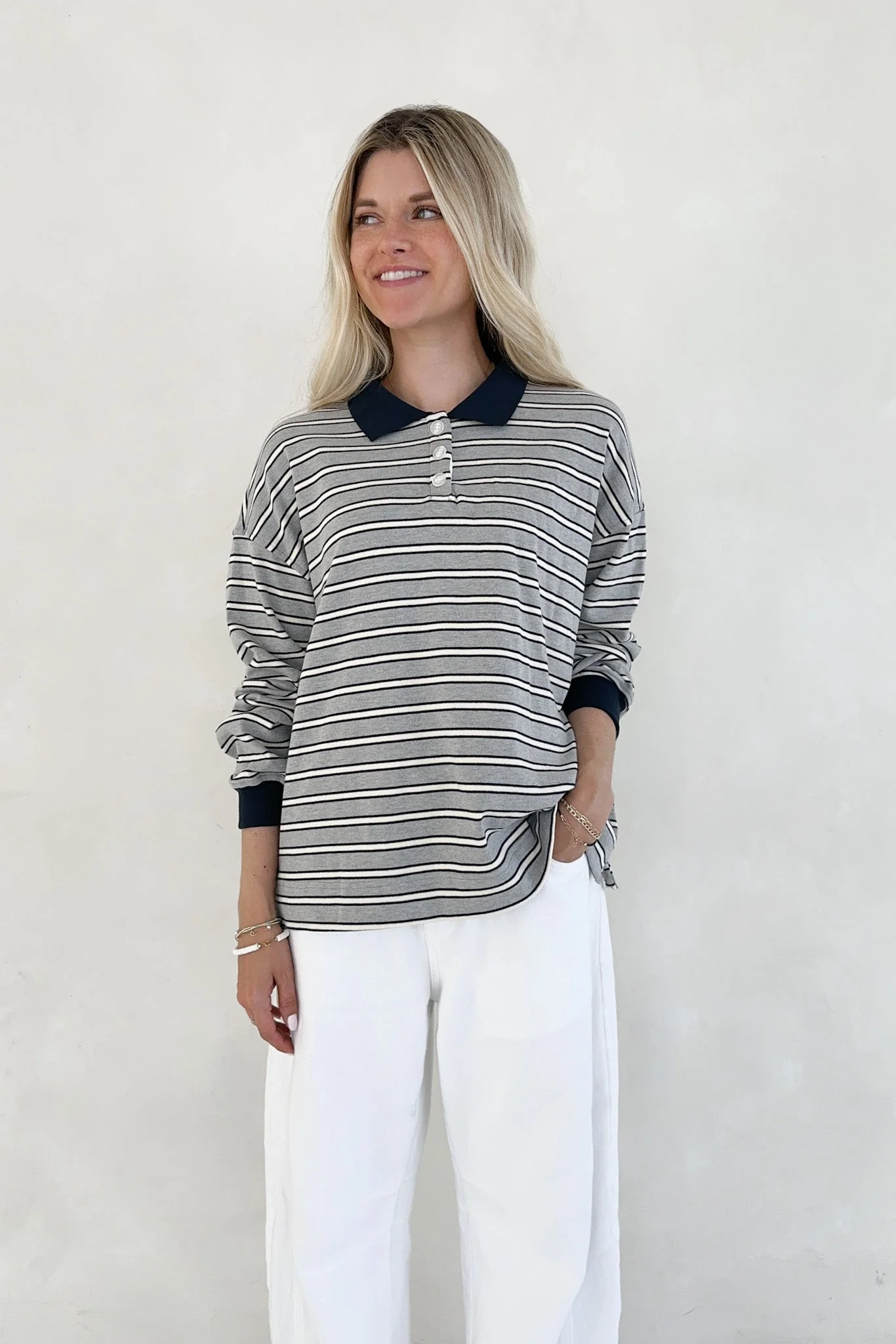 Jackson Striped Collared Long Sleeve Top in Heather Grey