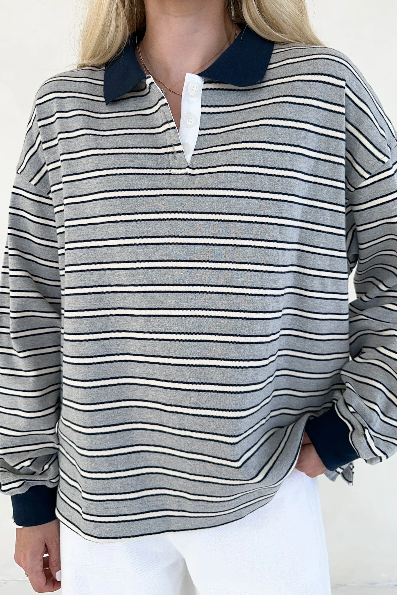Jackson Striped Collared Long Sleeve Top in Heather Grey - Image 2