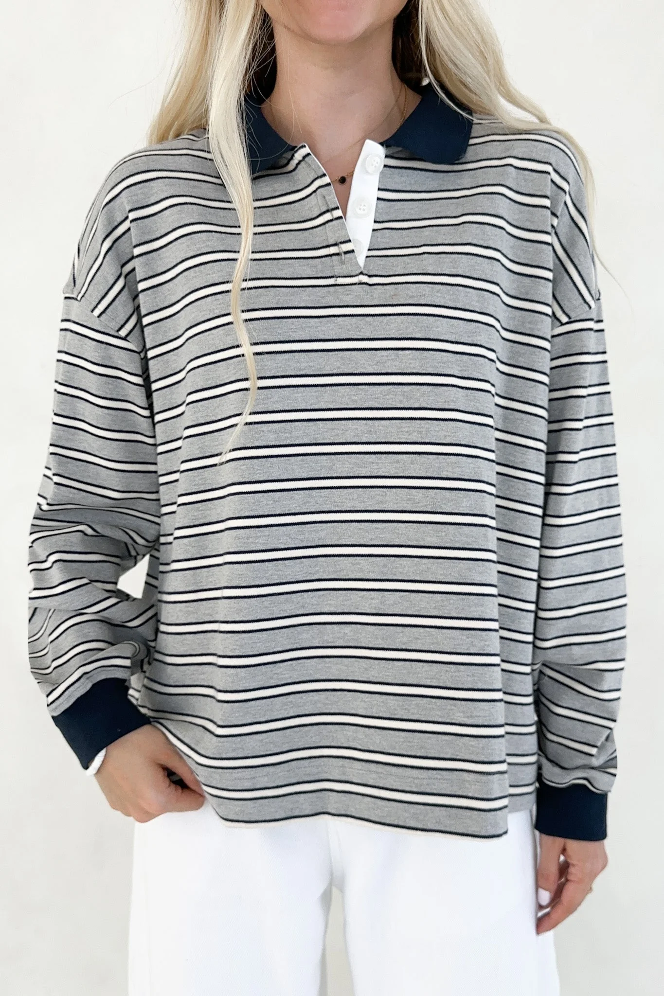 Jackson Striped Collared Long Sleeve Top in Heather Grey - Image 3
