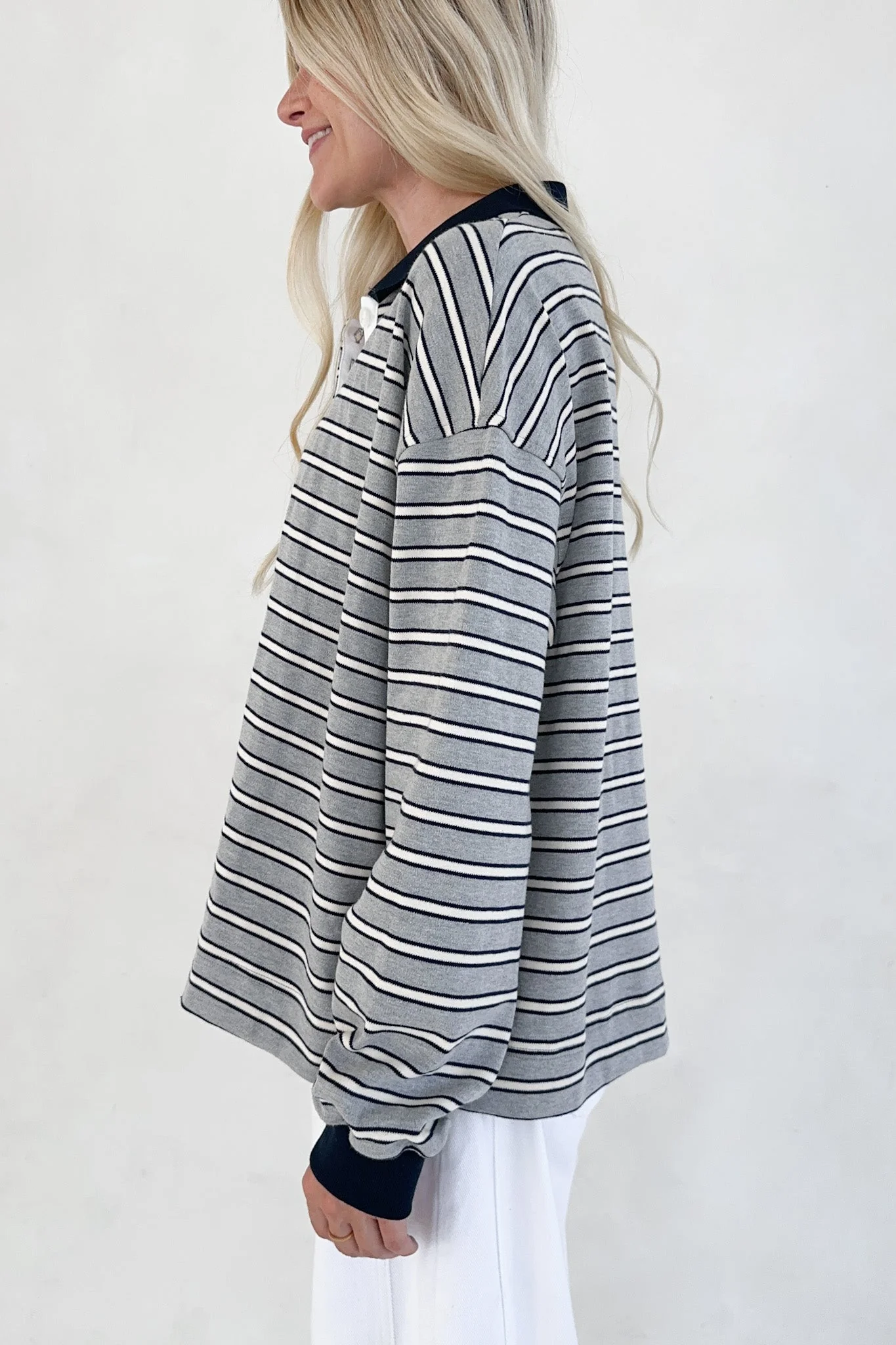 Jackson Striped Collared Long Sleeve Top in Heather Grey - Image 4