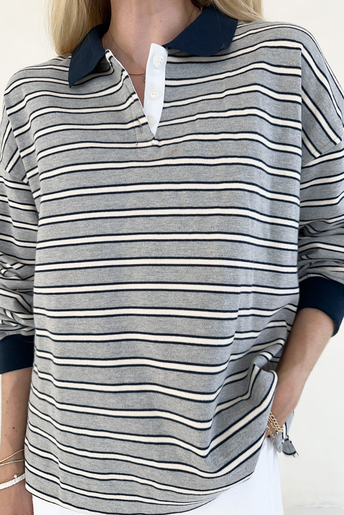 Jackson Striped Collared Long Sleeve Top in Heather Grey - Image 5