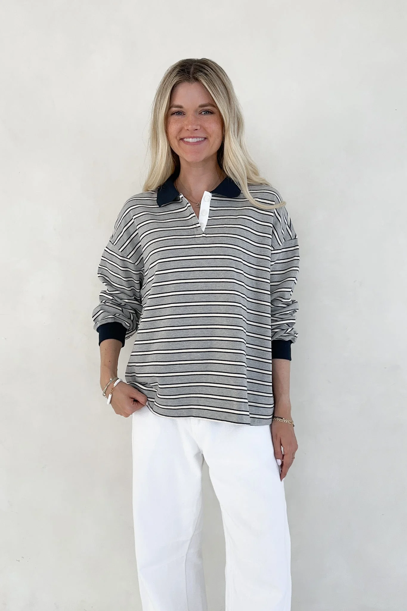 Jackson Striped Collared Long Sleeve Top in Heather Grey - Image 6