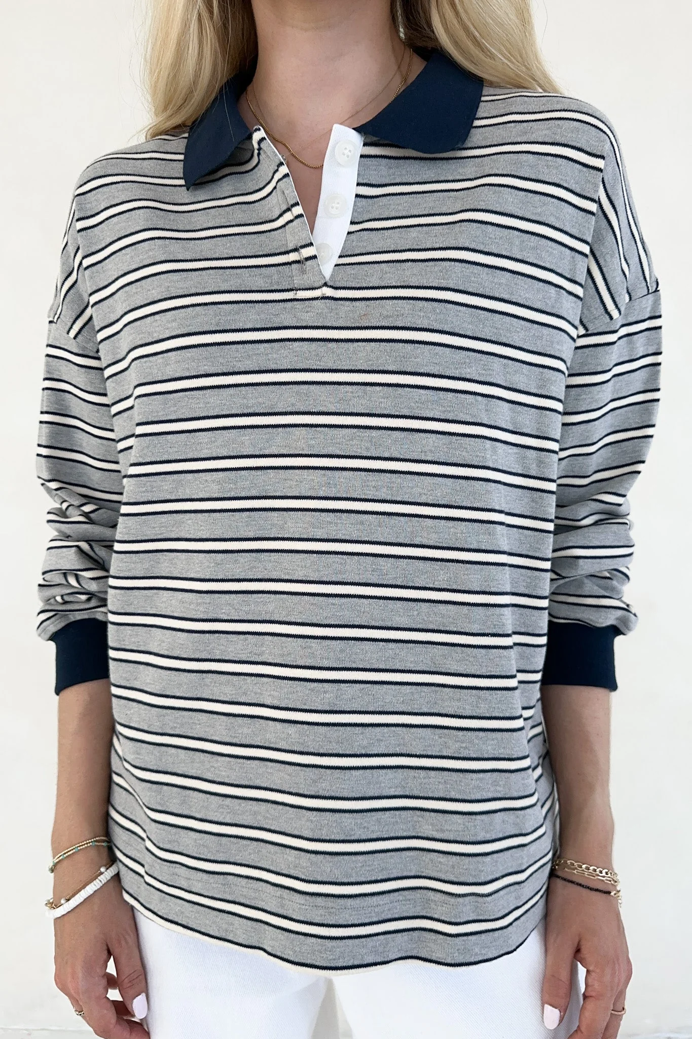 Jackson Striped Collared Long Sleeve Top in Heather Grey - Image 7