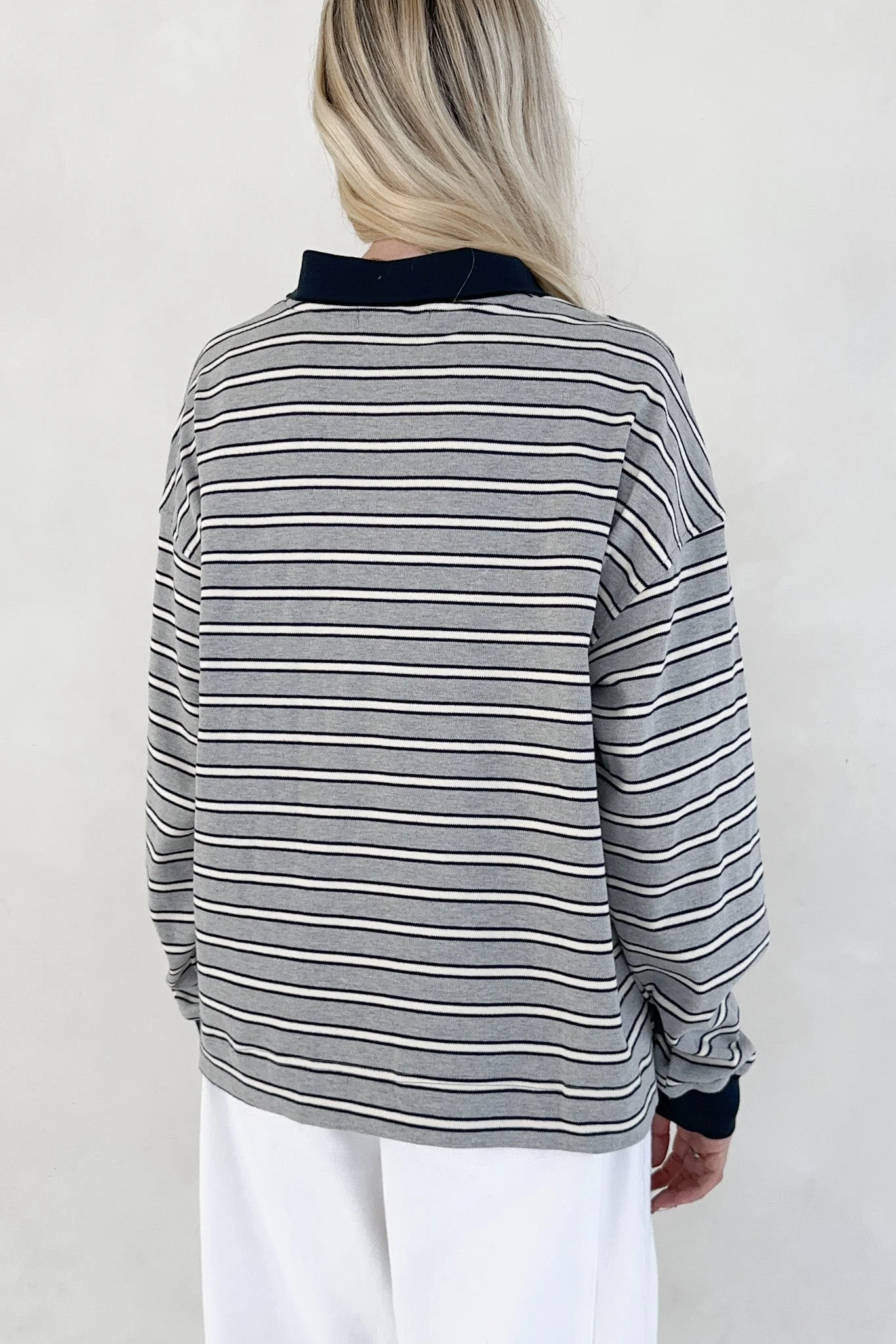 Jackson Striped Collared Long Sleeve Top in Heather Grey - Image 8