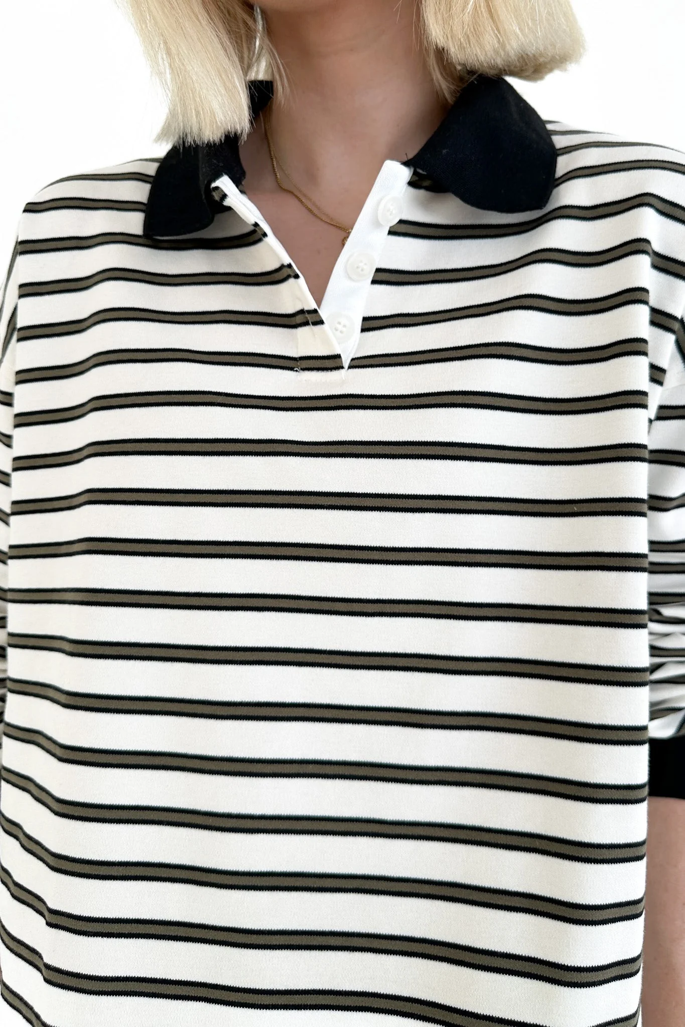Jackson Striped Collared Long Sleeve Top in Ivory - Image 2