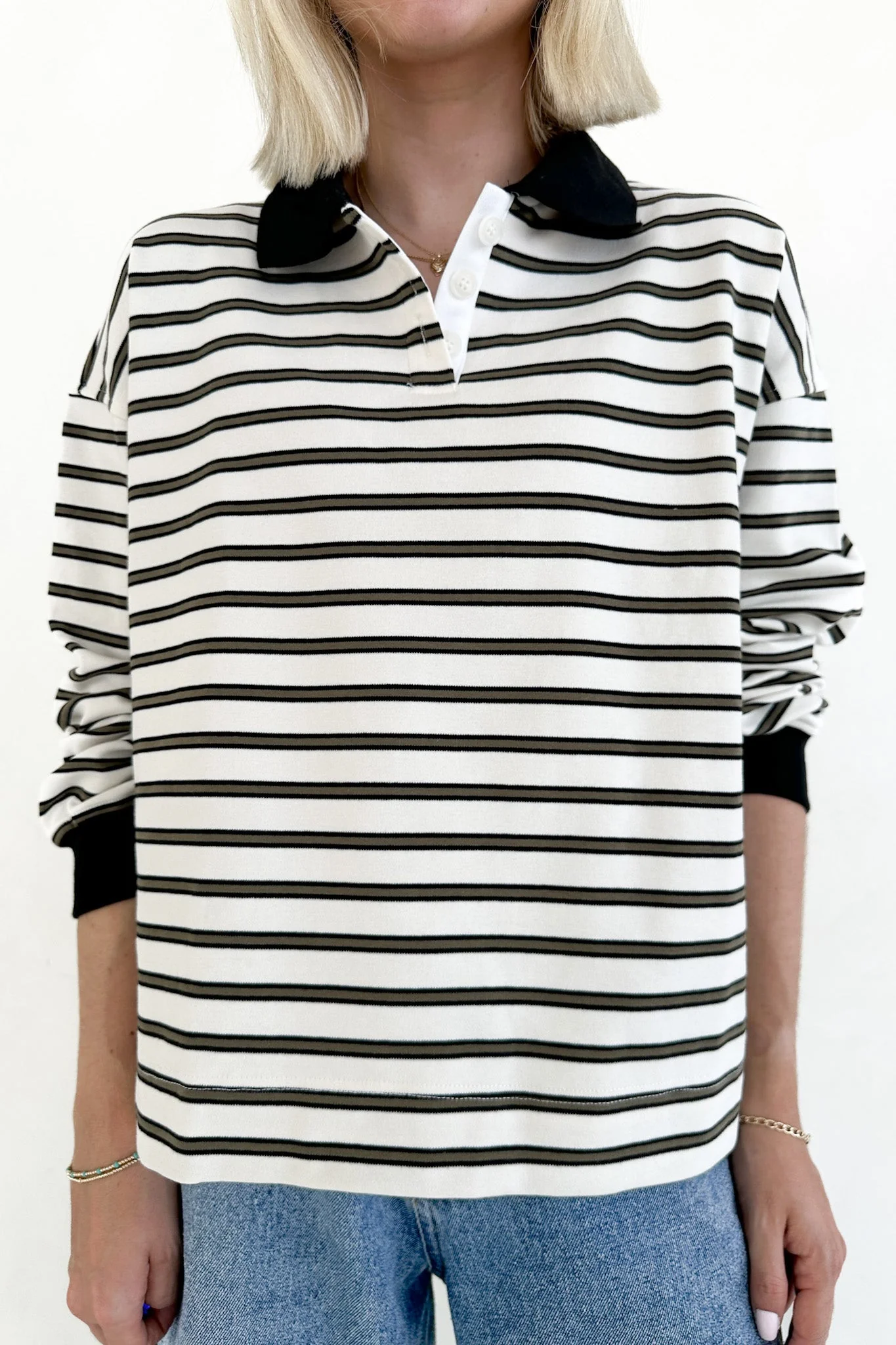 Jackson Striped Collared Long Sleeve Top in Ivory - Image 3