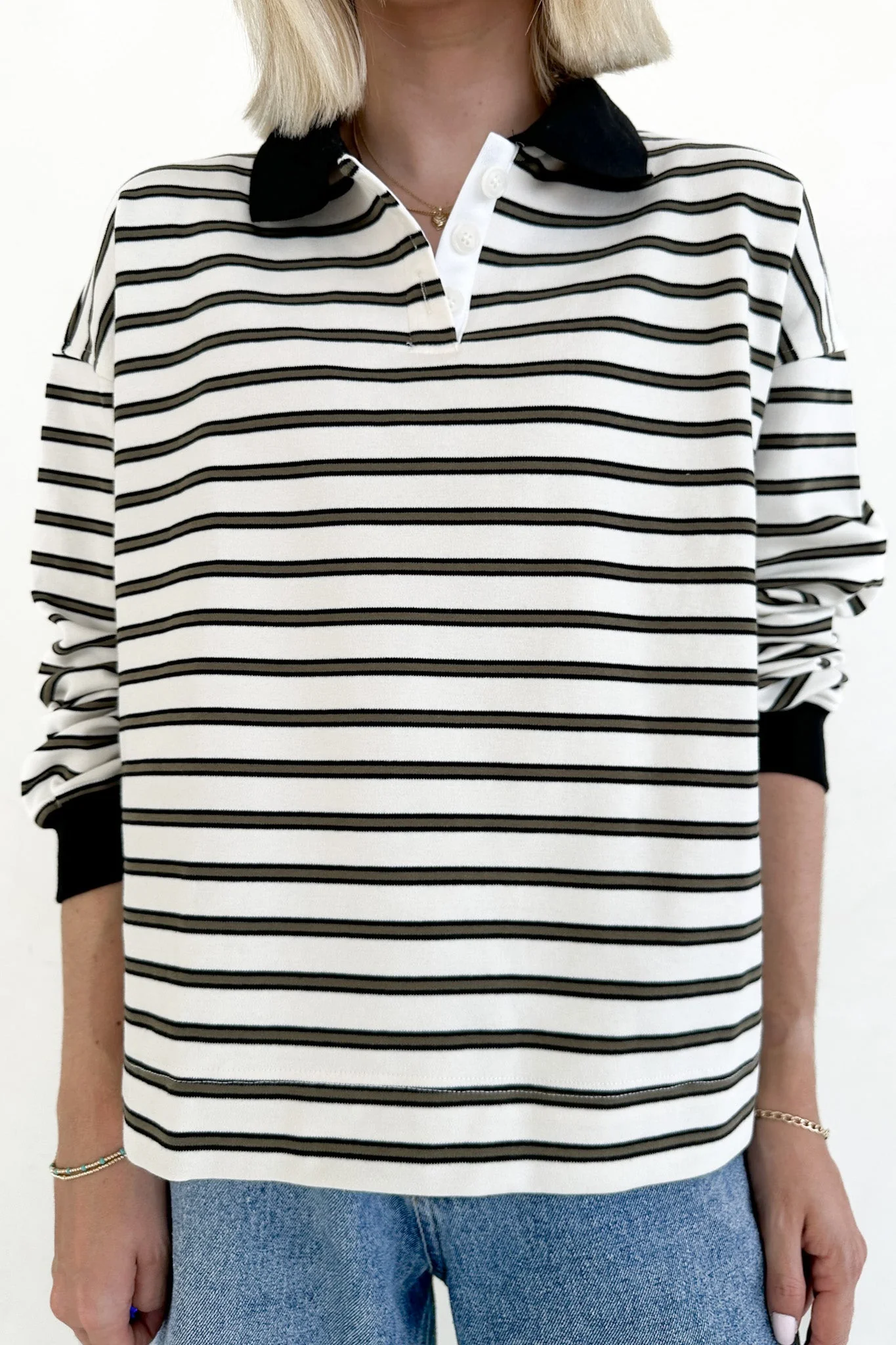 Jackson Striped Collared Long Sleeve Top in Ivory - Image 4