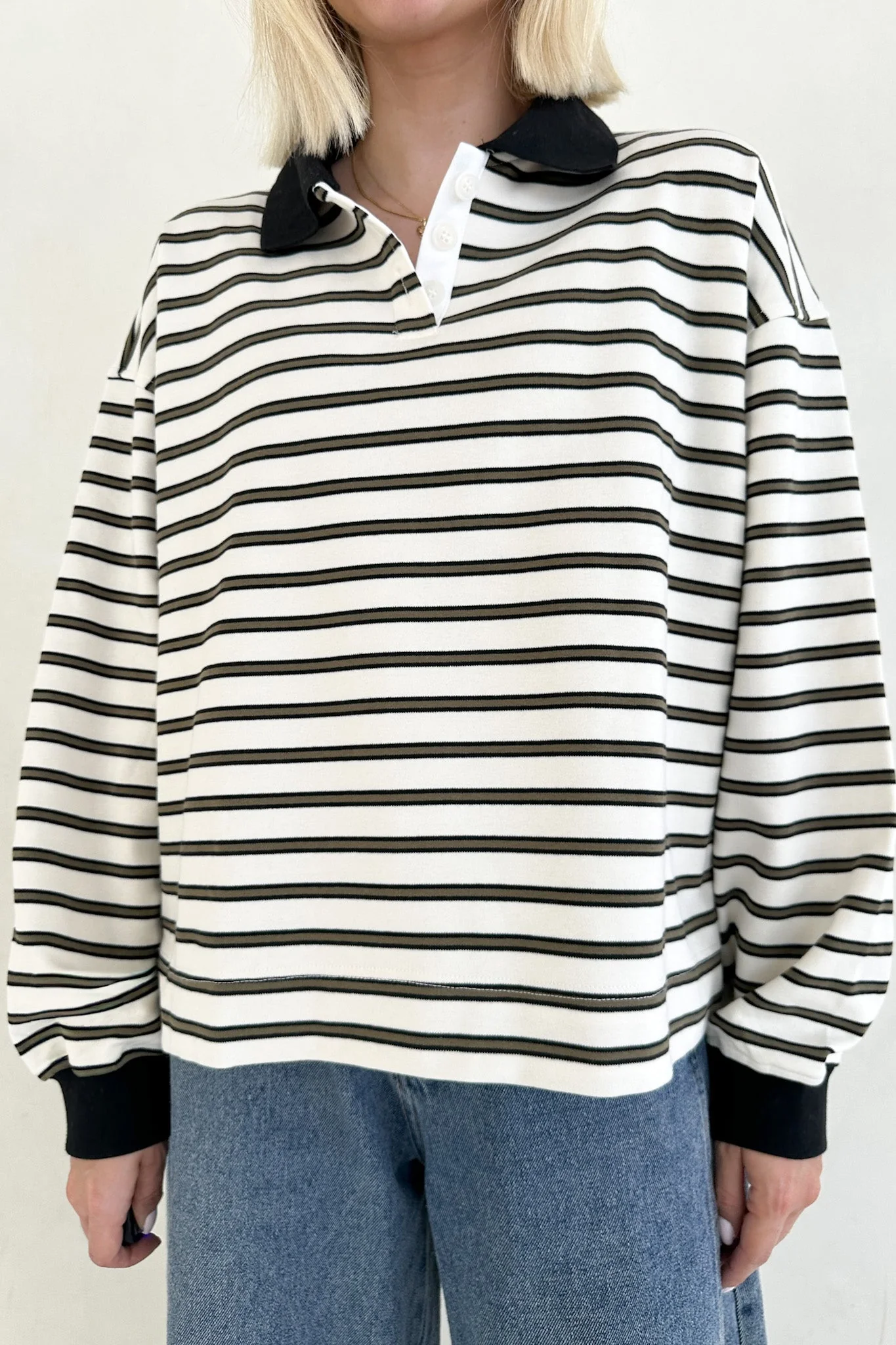Jackson Striped Collared Long Sleeve Top in Ivory - Image 5