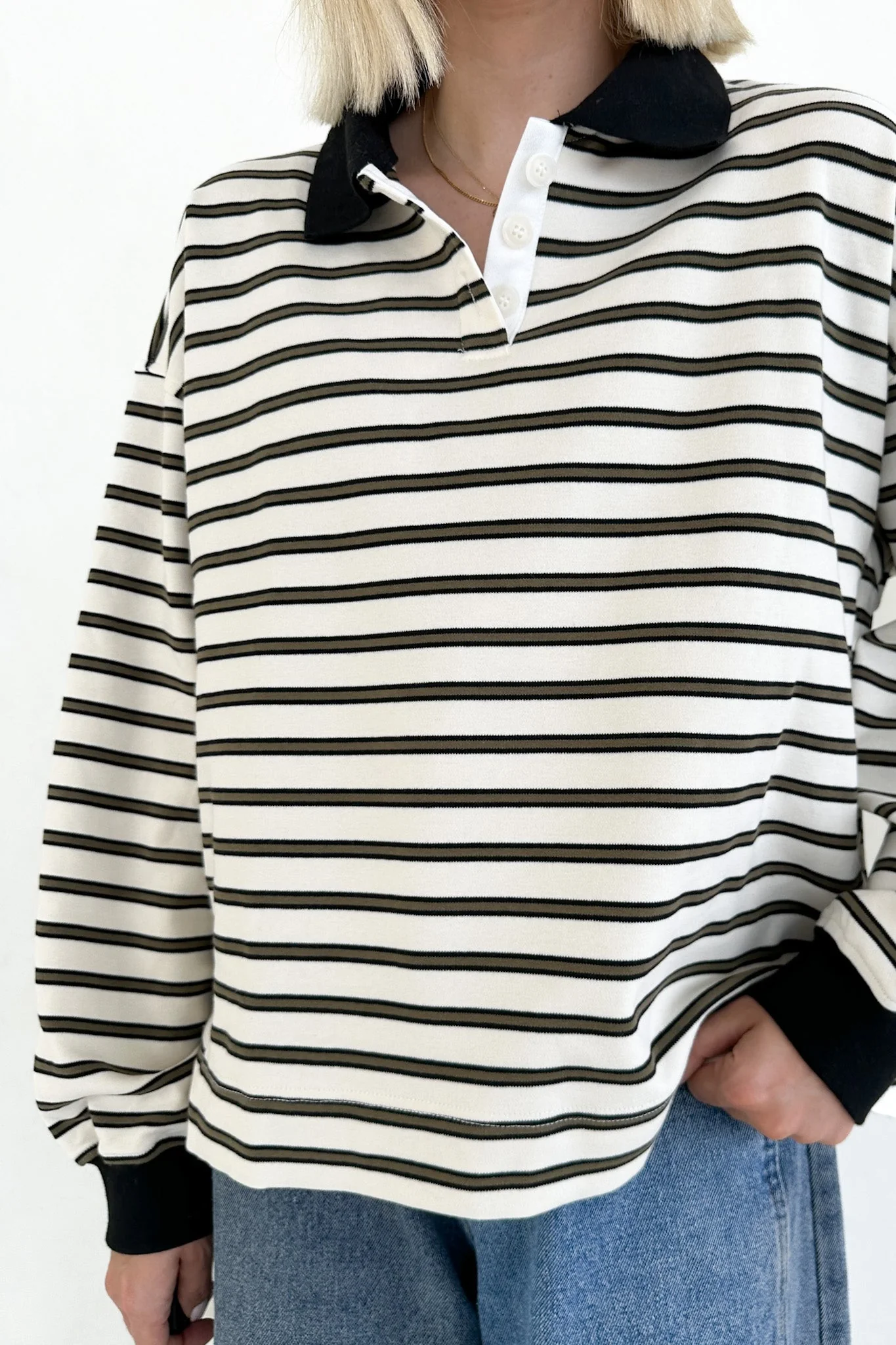 Jackson Striped Collared Long Sleeve Top in Ivory - Image 6