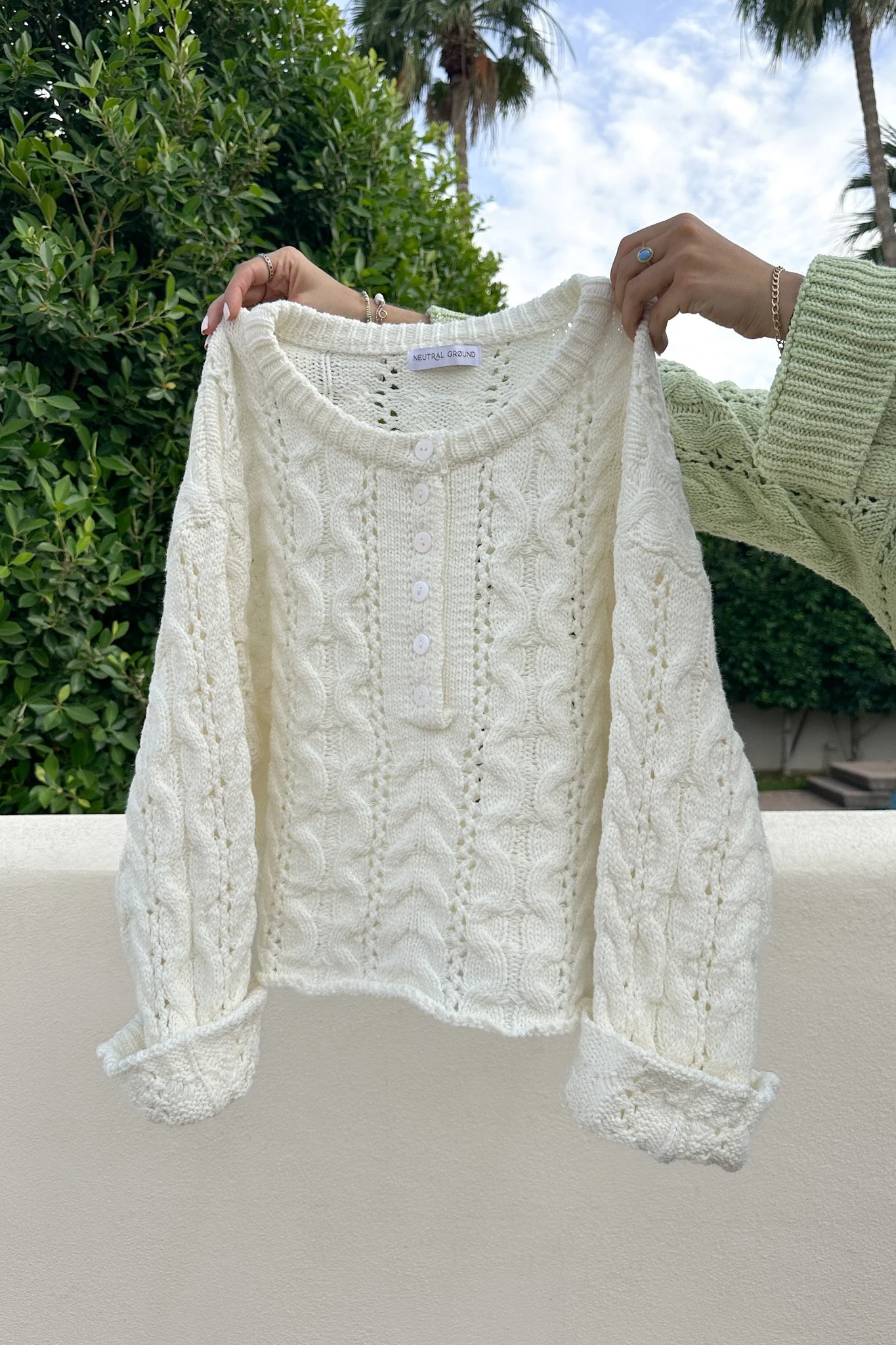 Jolie Lightweight Cable Knit Sweater Top in Coastal White