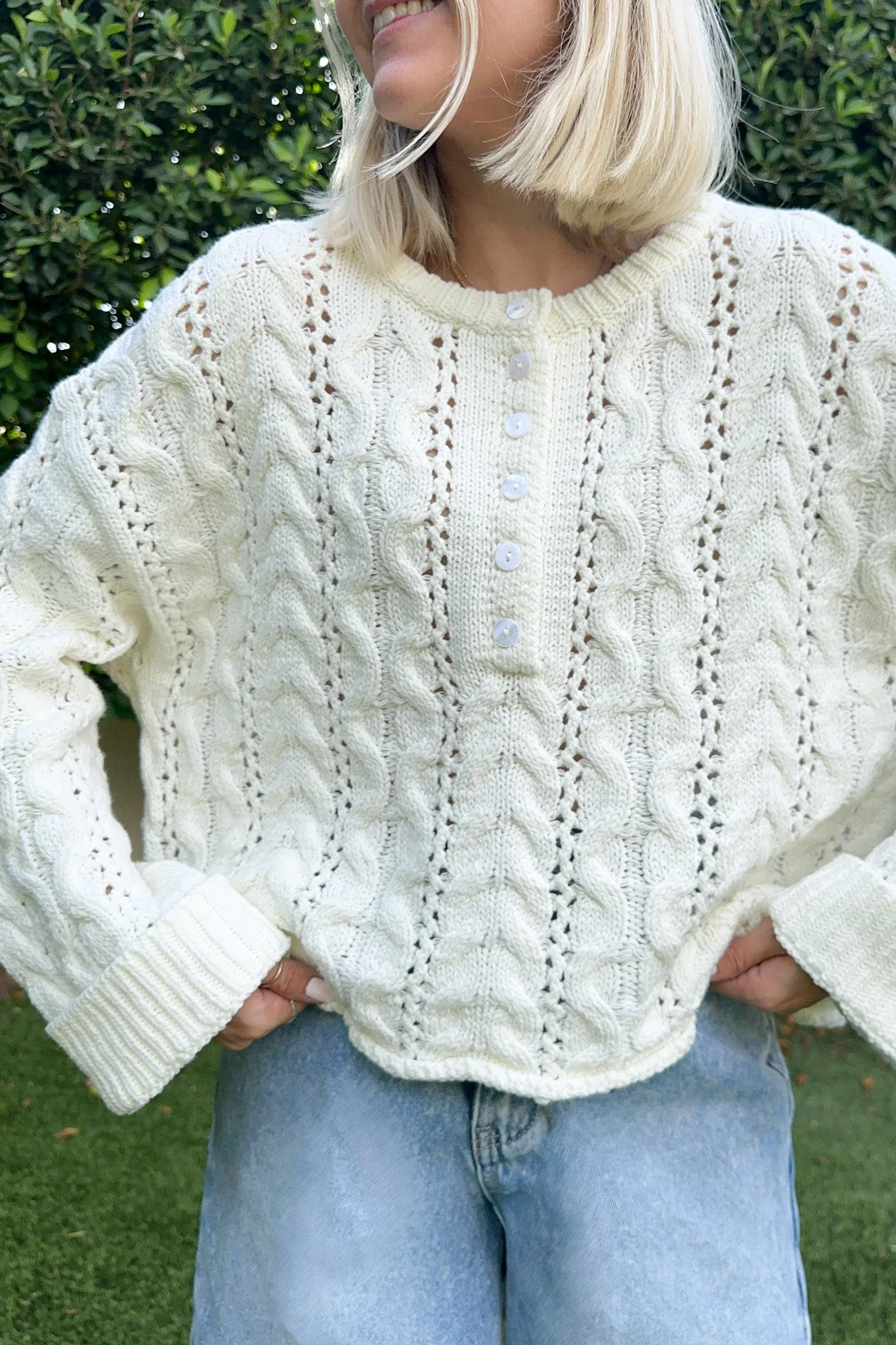 Jolie Lightweight Cable Knit Sweater Top in Coastal White - Image 3