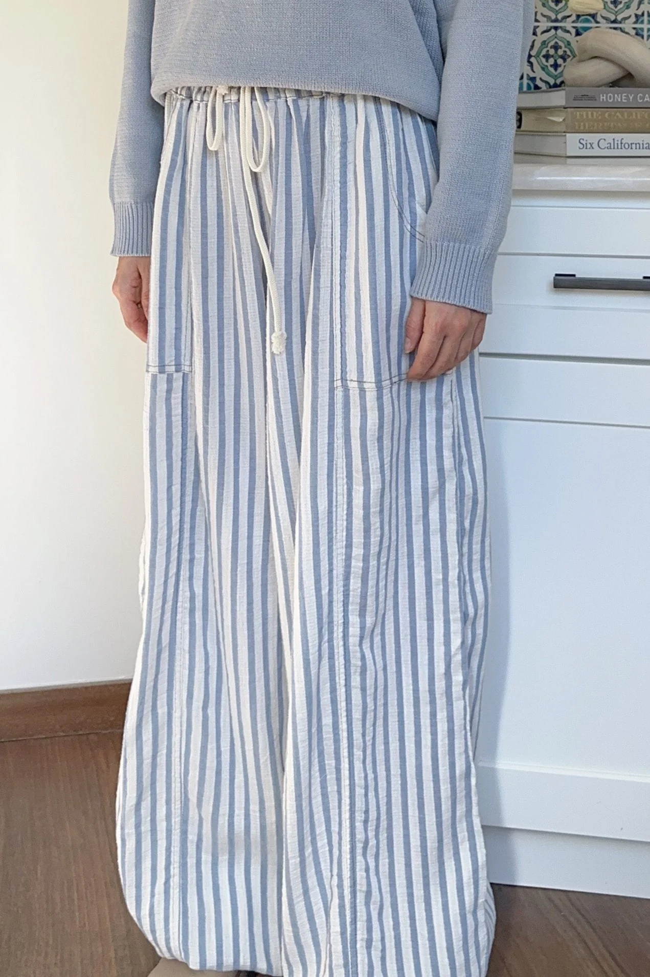 Josie Relaxed Striped Cotton Trousers in Blue - Image 5