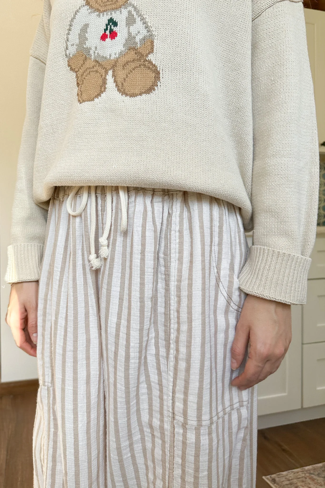 Josie Relaxed Striped Cotton Trousers in Taupe - Image 2