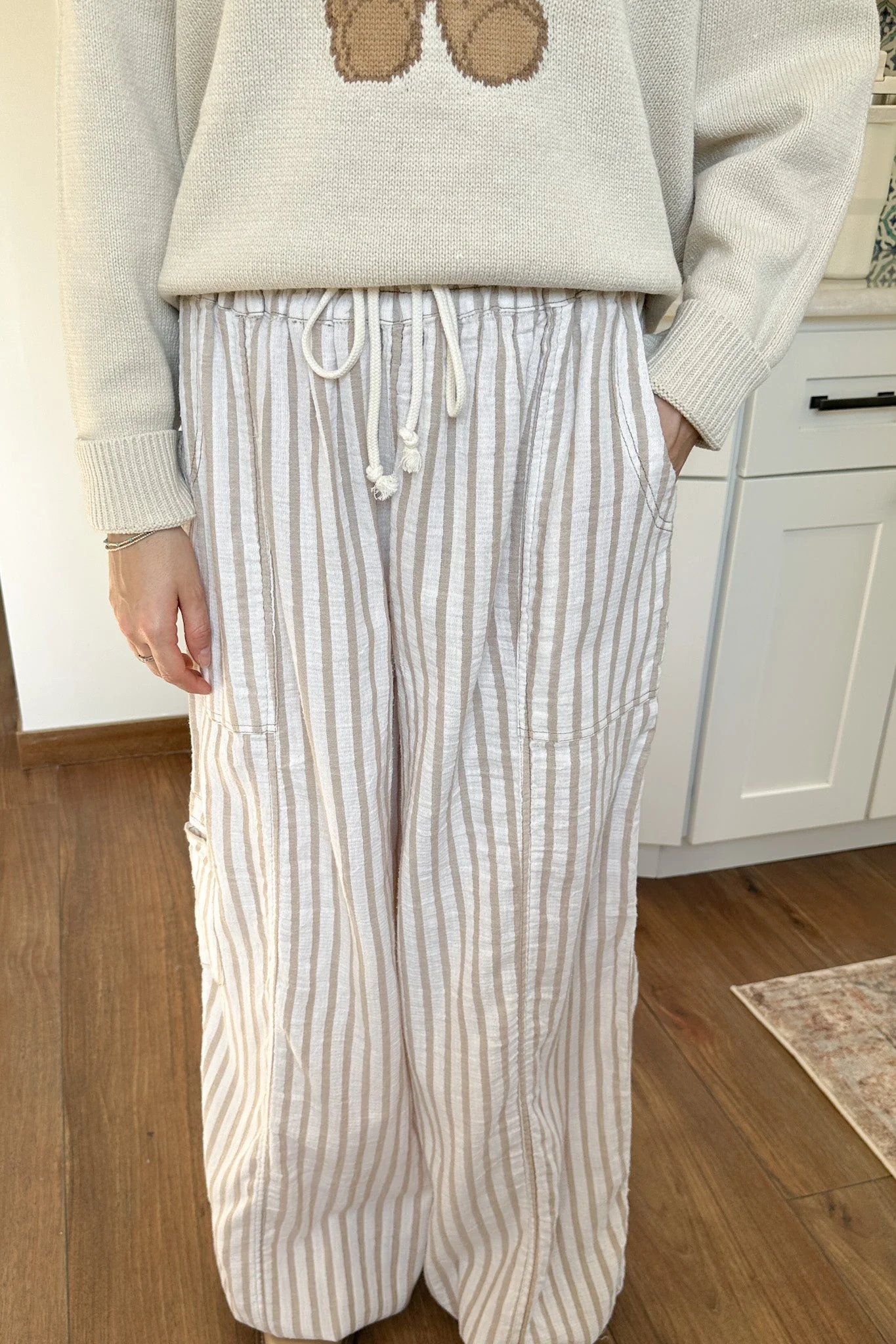 Josie Relaxed Striped Cotton Trousers in Taupe - Image 5