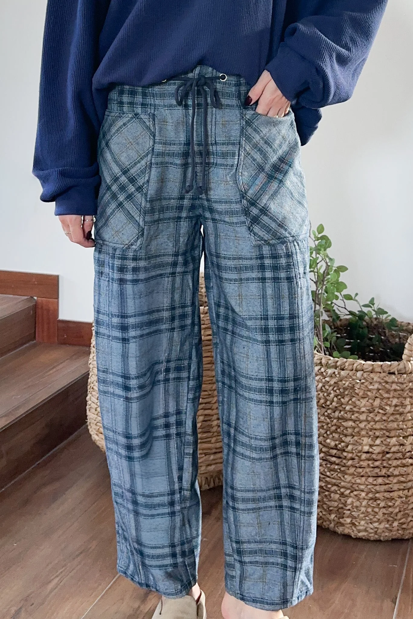 Lainey Plaid Cotton Barrel Pants