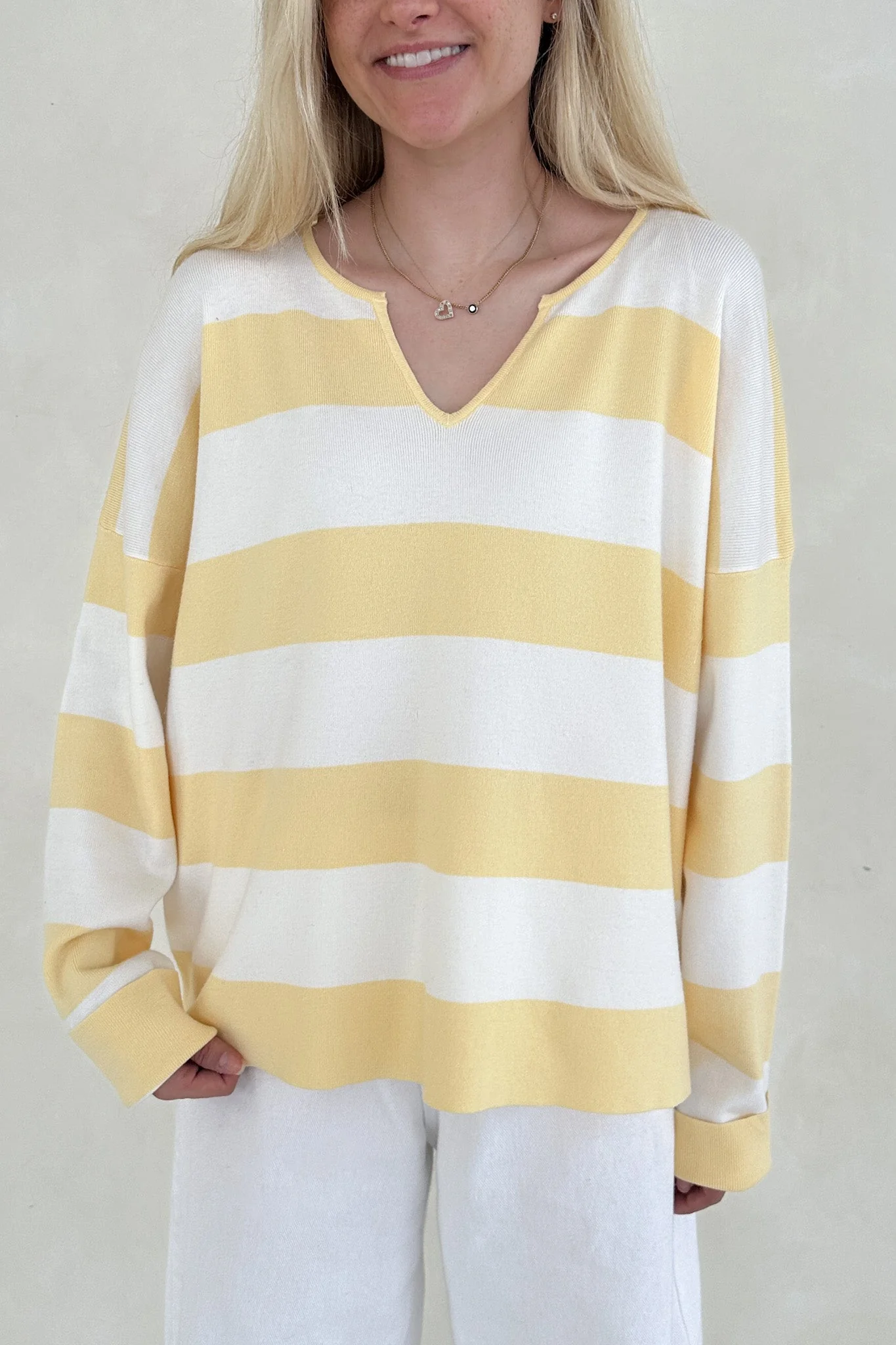 Laurel Split Neck Striped Lightweight Sweater