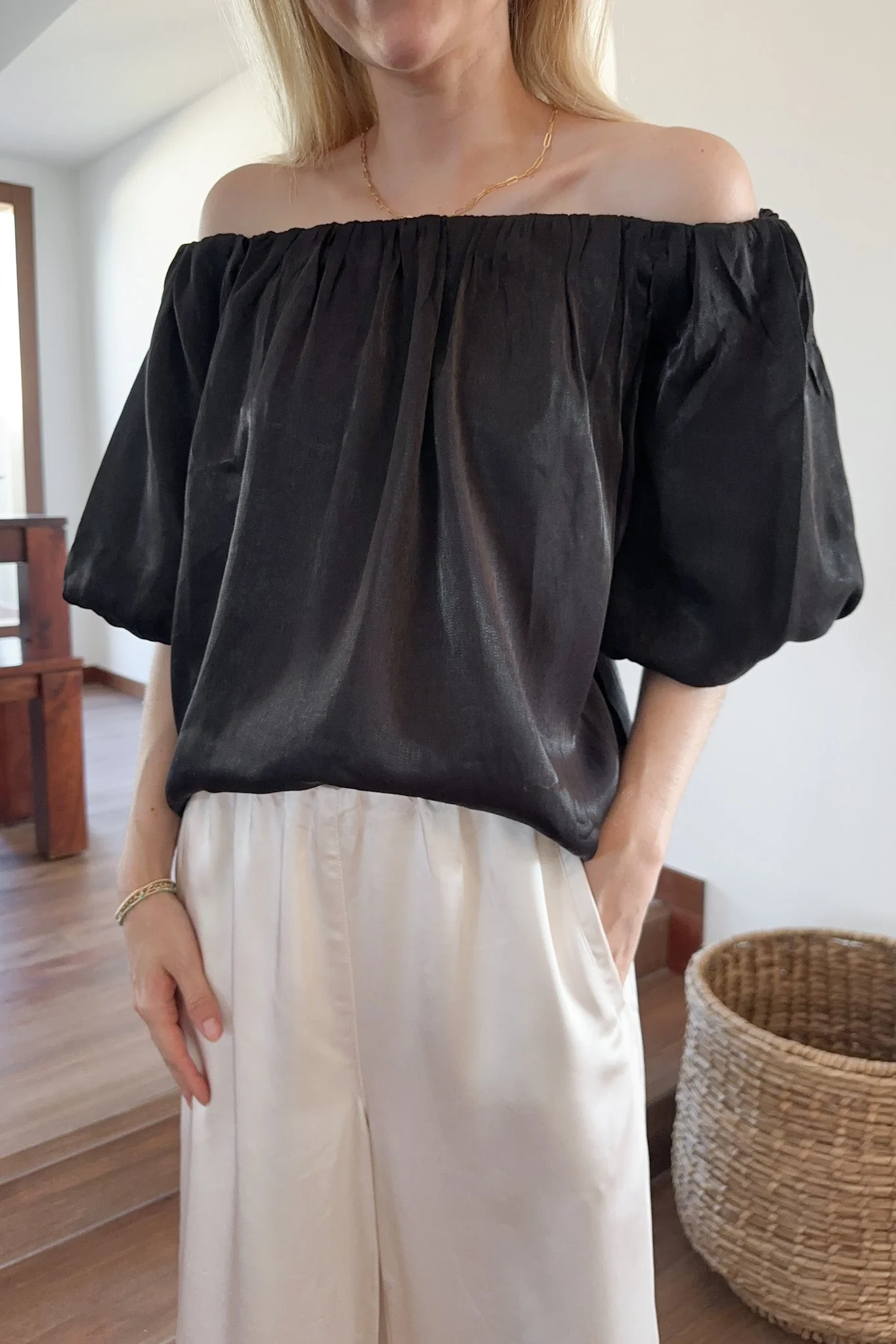 Let's Party Off The Shoulder Satin Blouse
