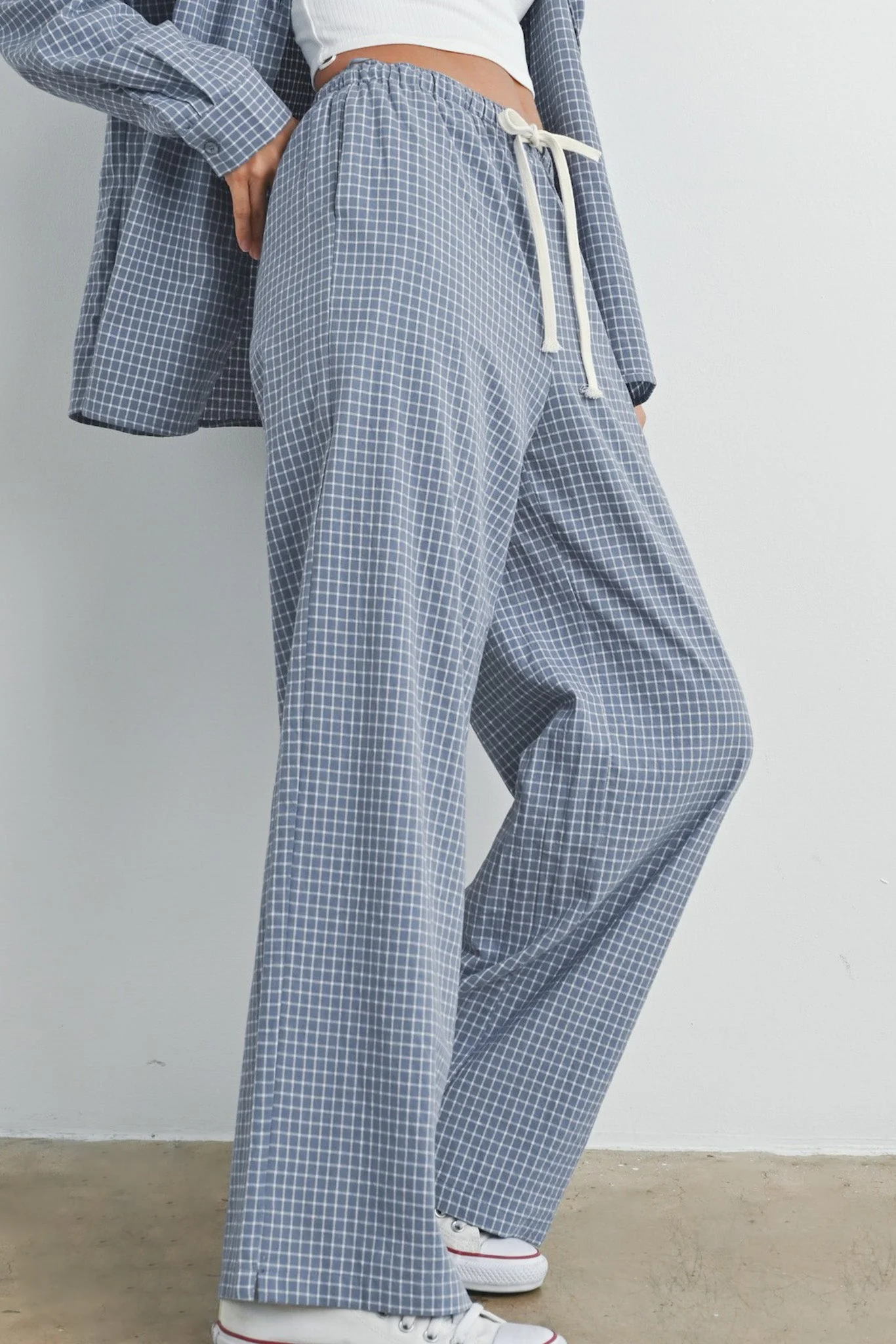 Lets Stay In Drawstring Check Pants in Dusty Blue - Image 2