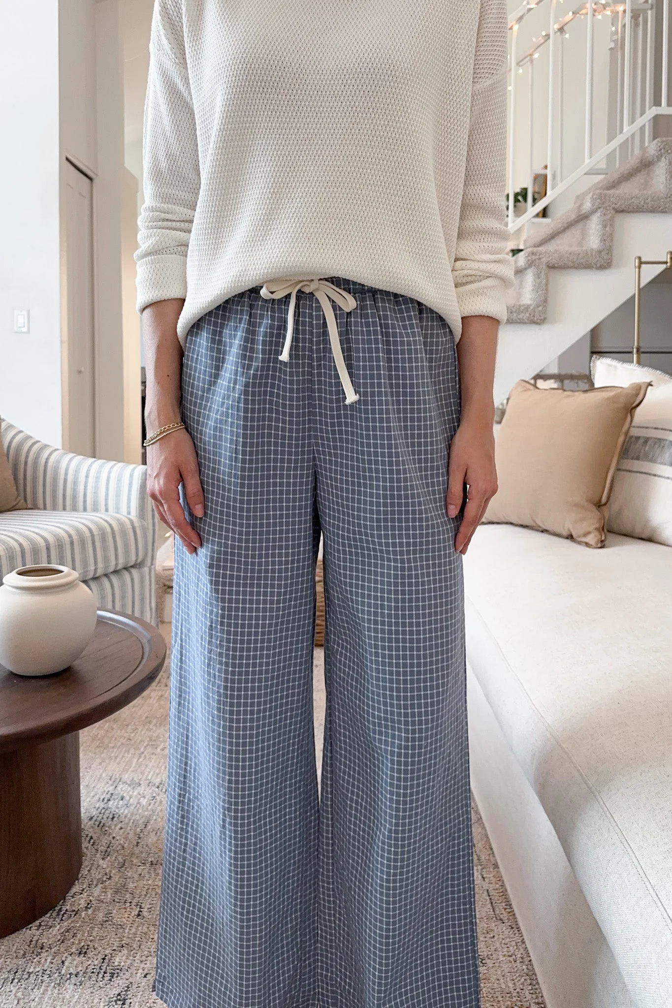 Lets Stay In Drawstring Check Pants in Dusty Blue - Image 4