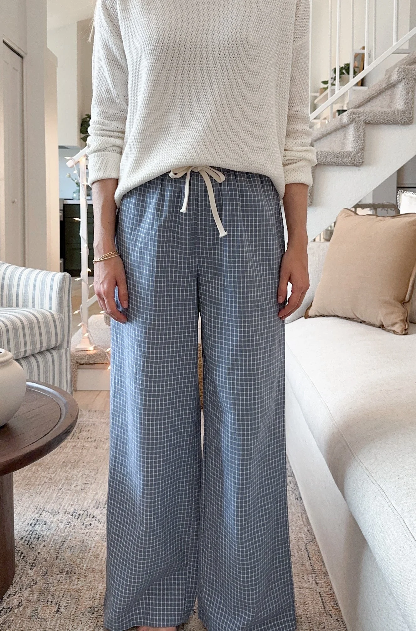 Lets Stay In Drawstring Check Pants in Dusty Blue - Image 5