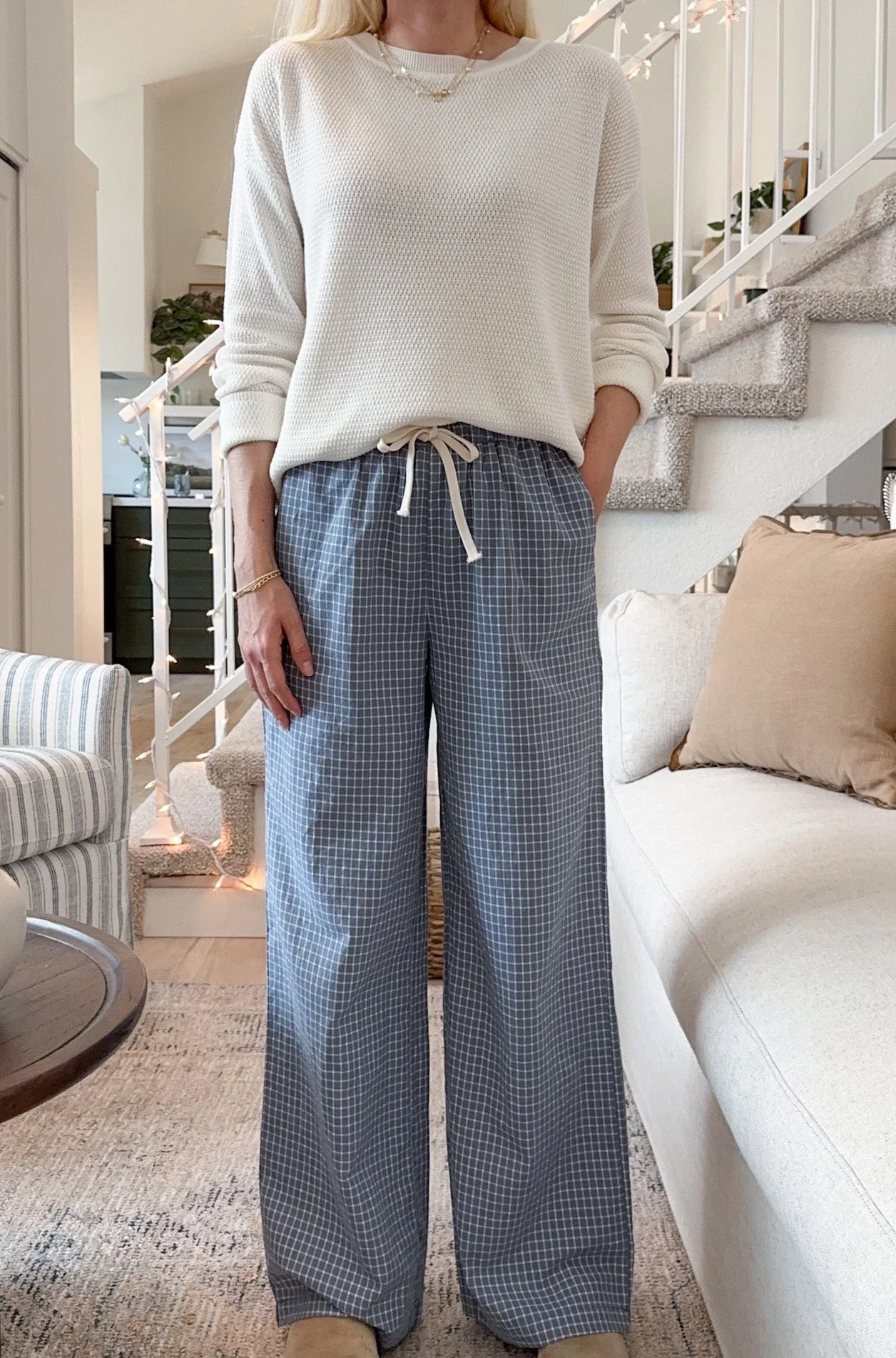 Lets Stay In Drawstring Check Pants in Dusty Blue - Image 6