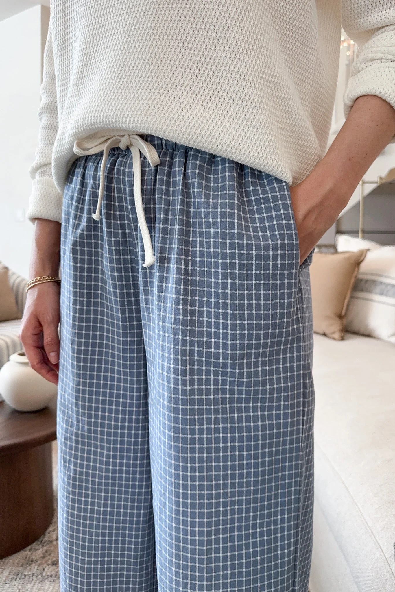 Lets Stay In Drawstring Check Pants in Dusty Blue - Image 7