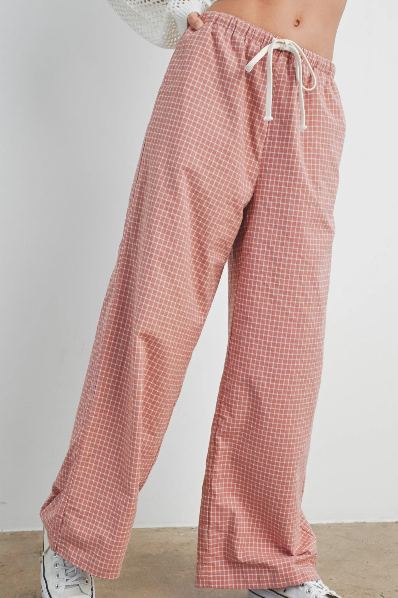Lets Stay In Drawstring Check Pants in Rose