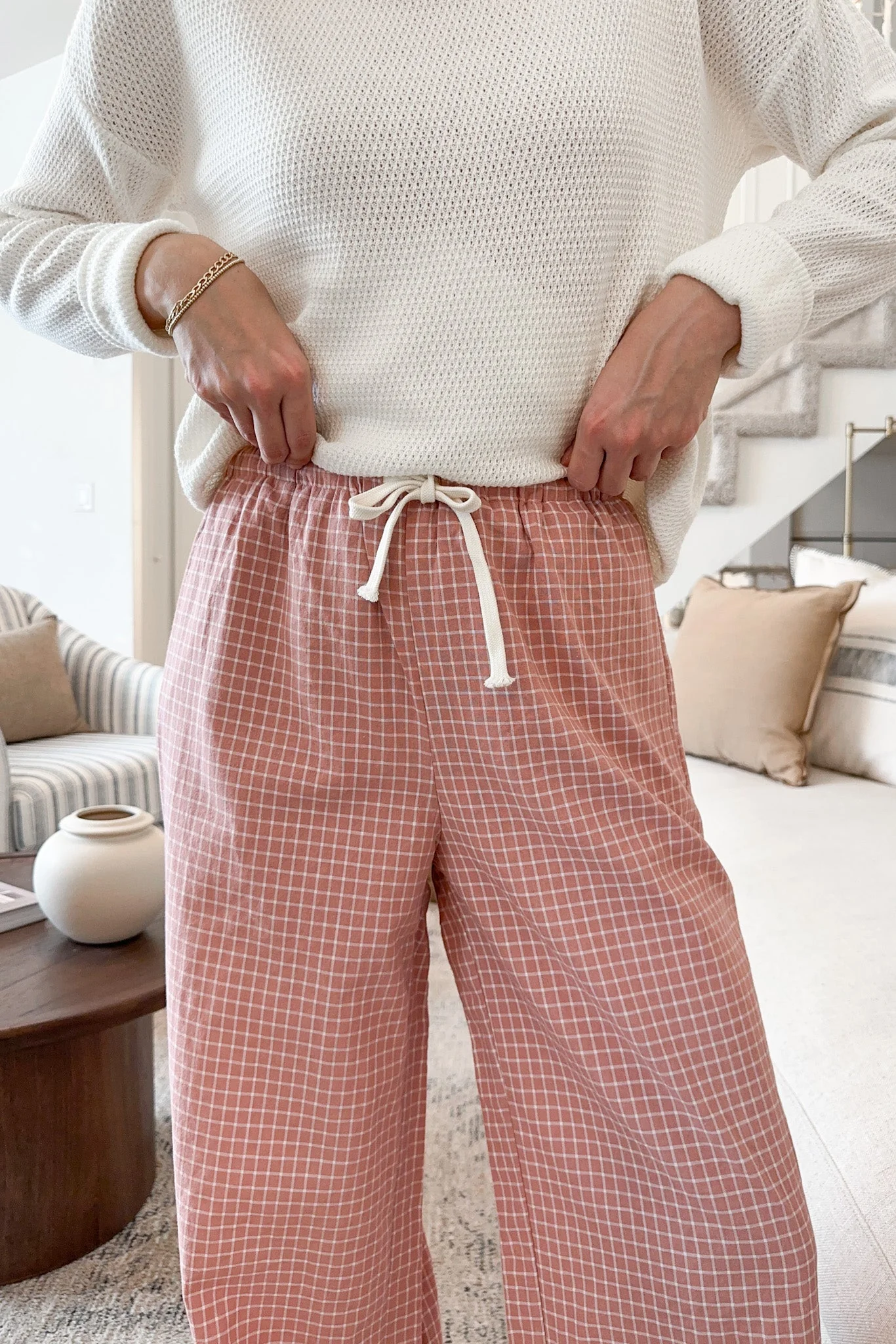 Lets Stay In Drawstring Check Pants in Rose - Image 4