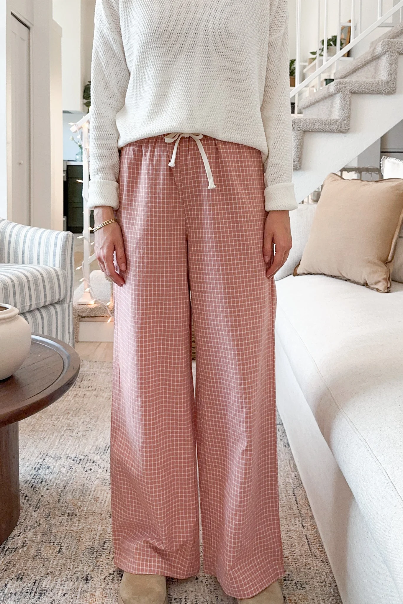 Lets Stay In Drawstring Check Pants in Rose - Image 5