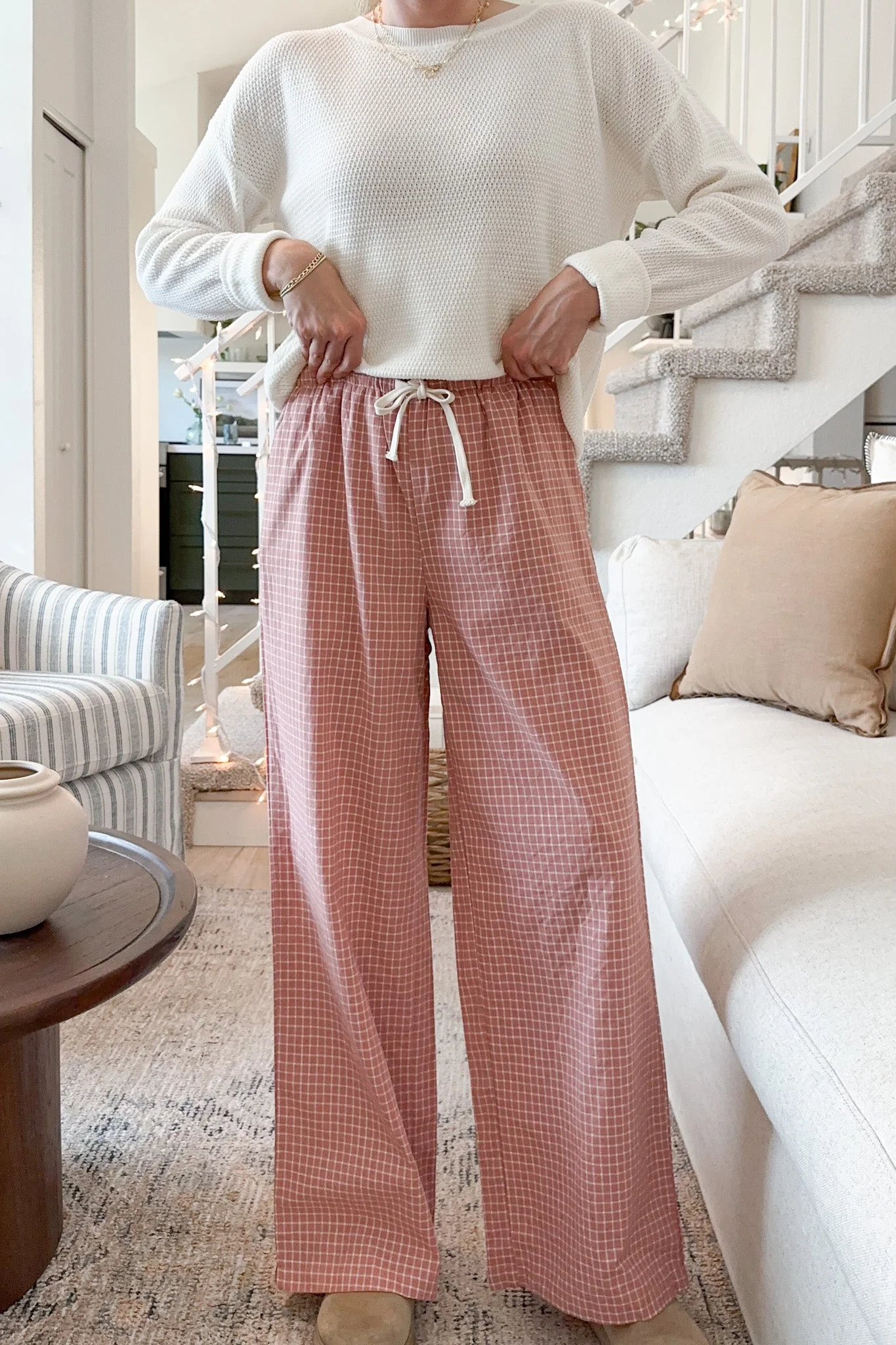 Lets Stay In Drawstring Check Pants in Rose - Image 6