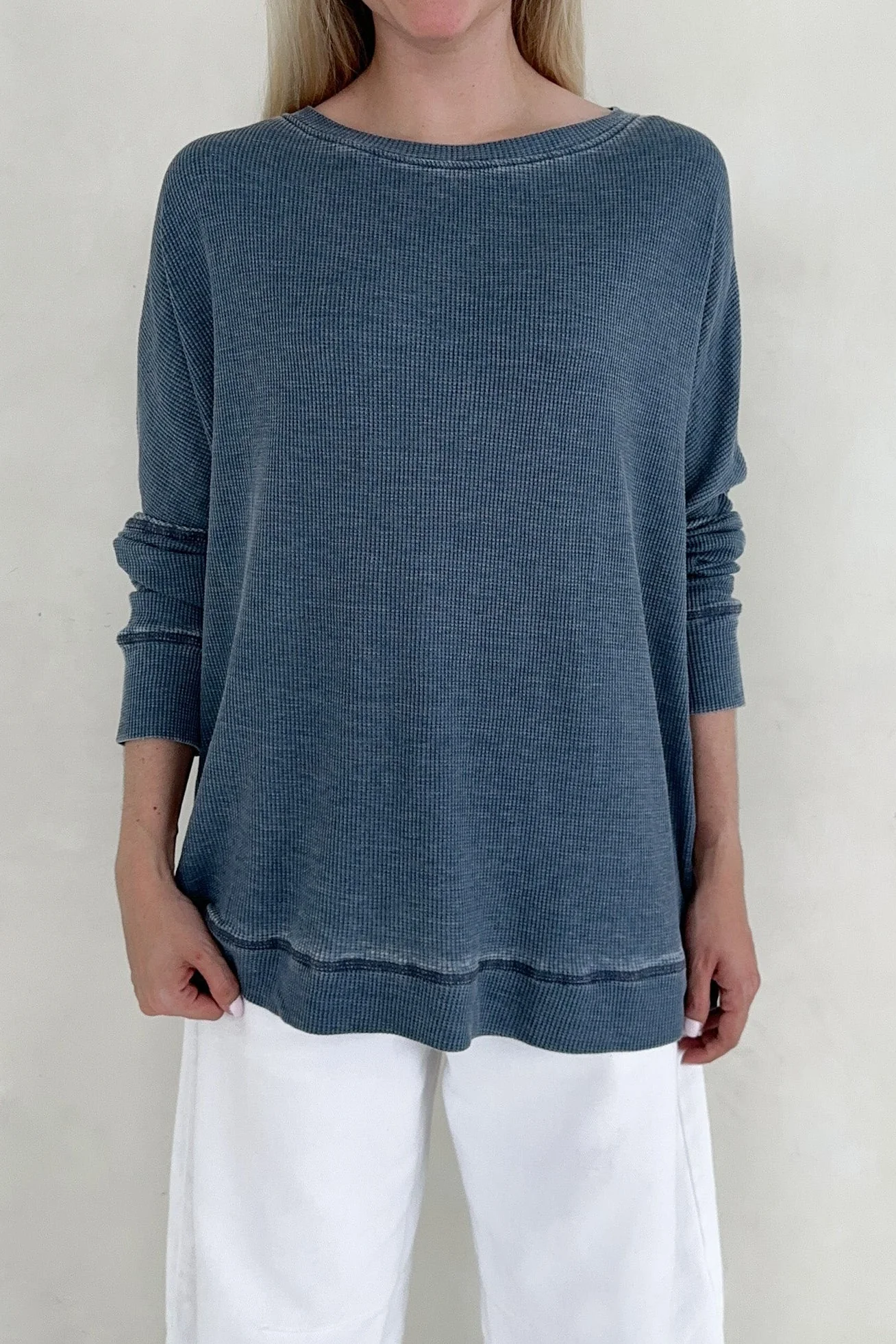 Libby Waffle Knit Boatneck Top in Light Navy