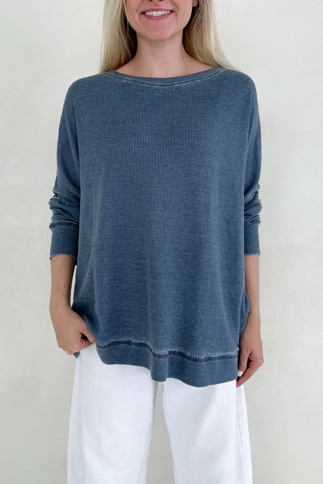 Libby Waffle Knit Boatneck Top in Light Navy - Image 2