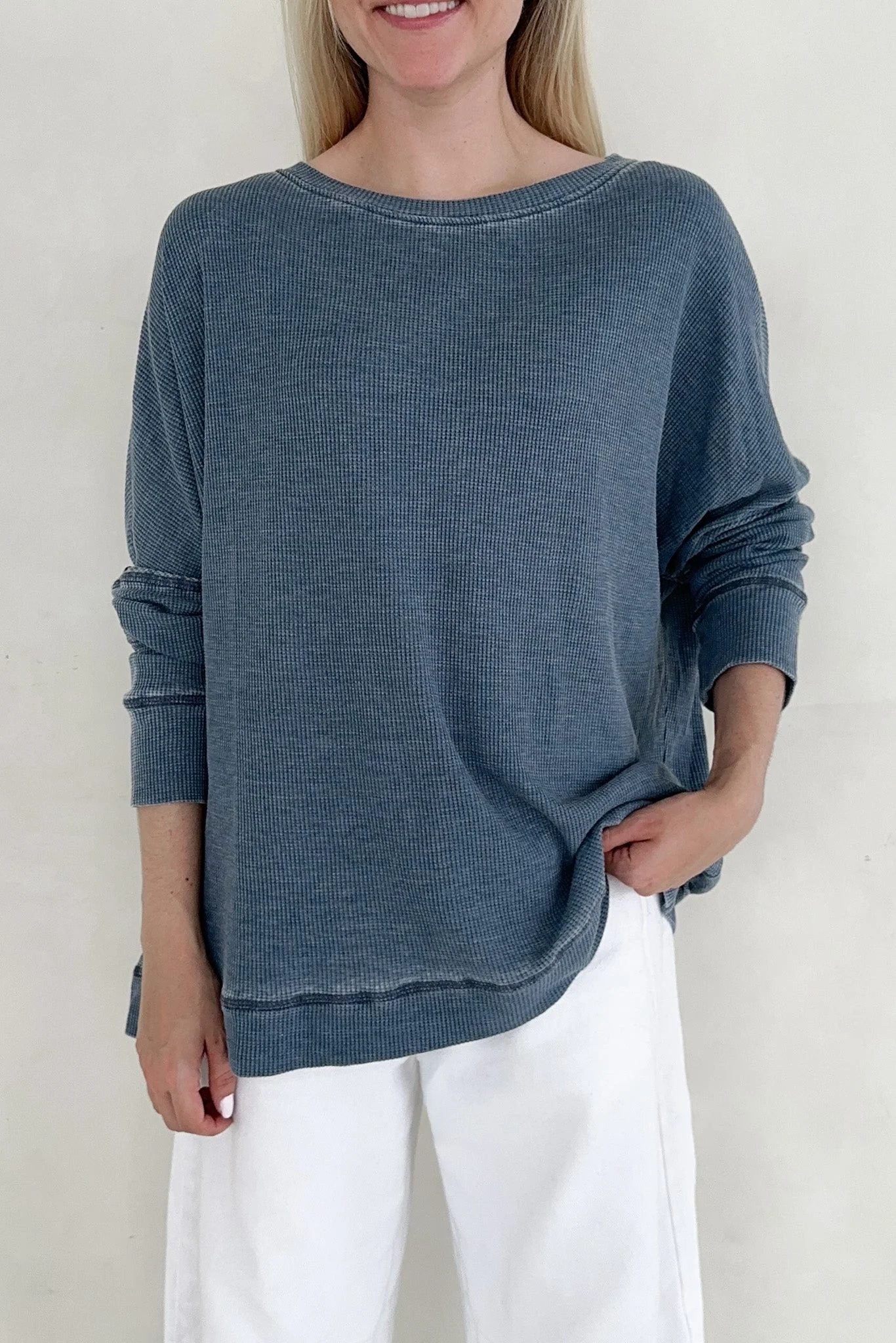 Libby Waffle Knit Boatneck Top in Light Navy - Image 3