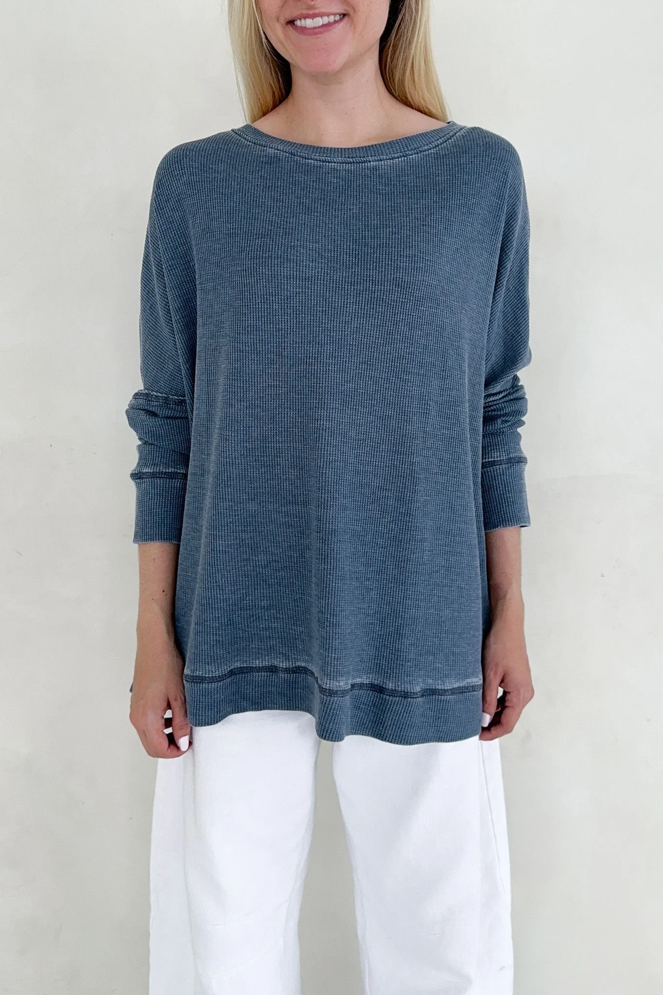 Libby Waffle Knit Boatneck Top in Light Navy - Image 4