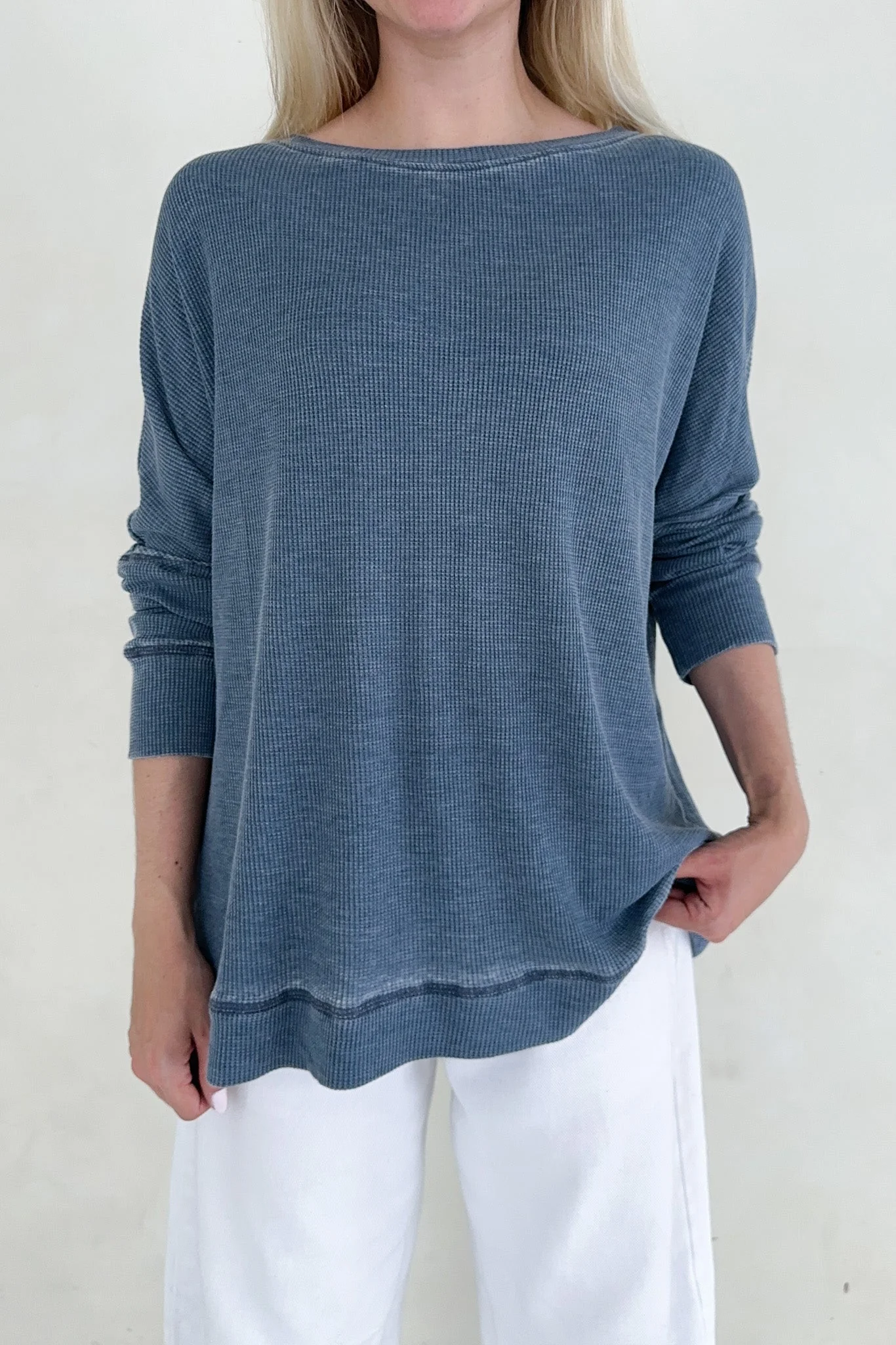 Libby Waffle Knit Boatneck Top in Light Navy - Image 5