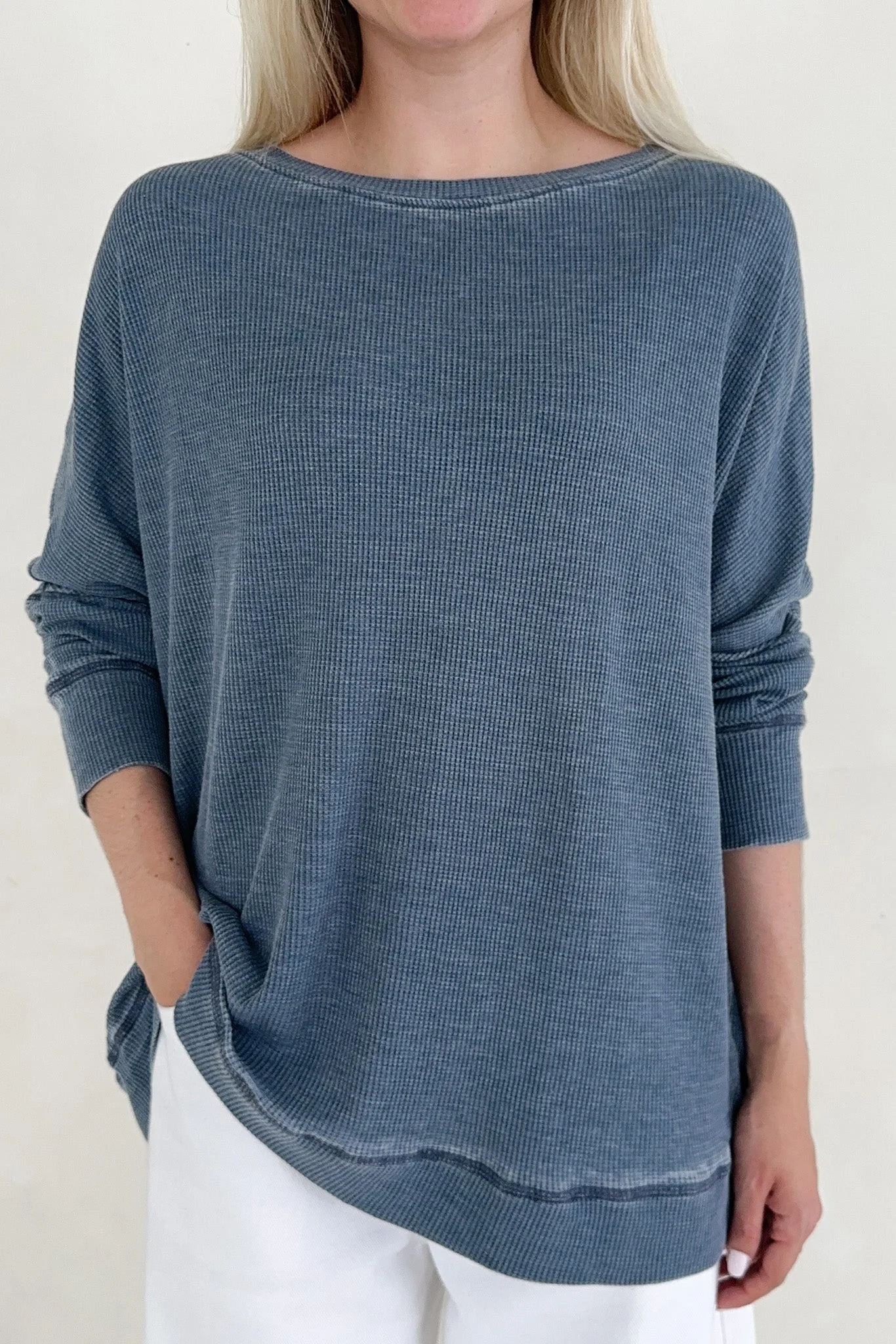 Libby Waffle Knit Boatneck Top in Light Navy - Image 6