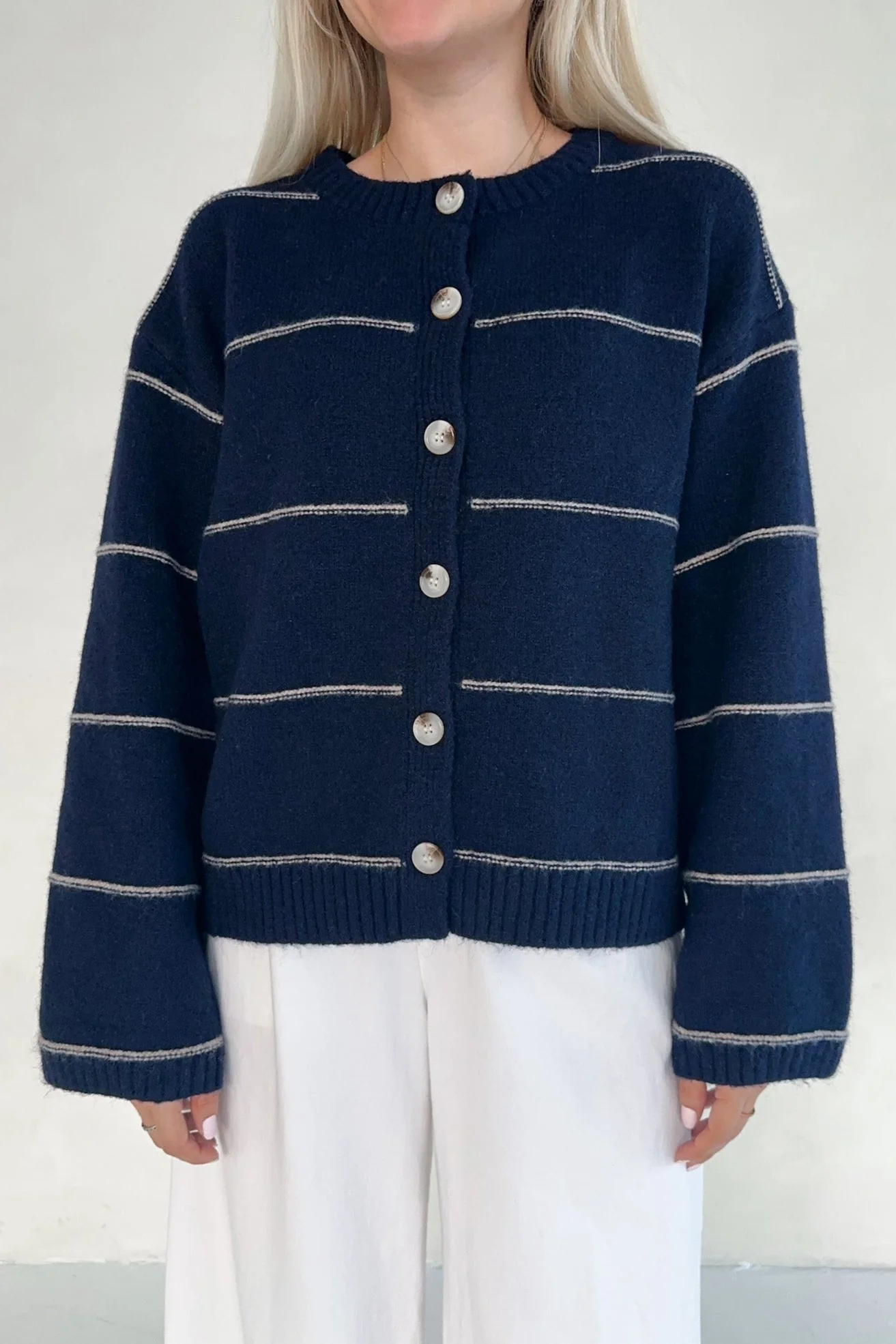 London Knit Button Front Striped Cardigan