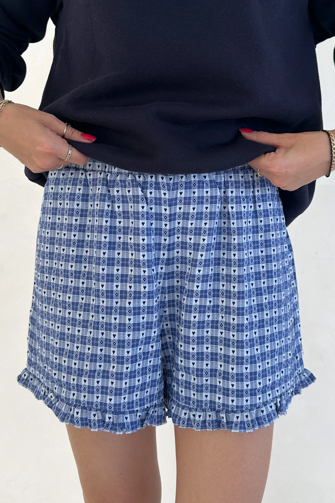 Love Letter Gingham Checkered Heart Ruffle Shorts in Blue