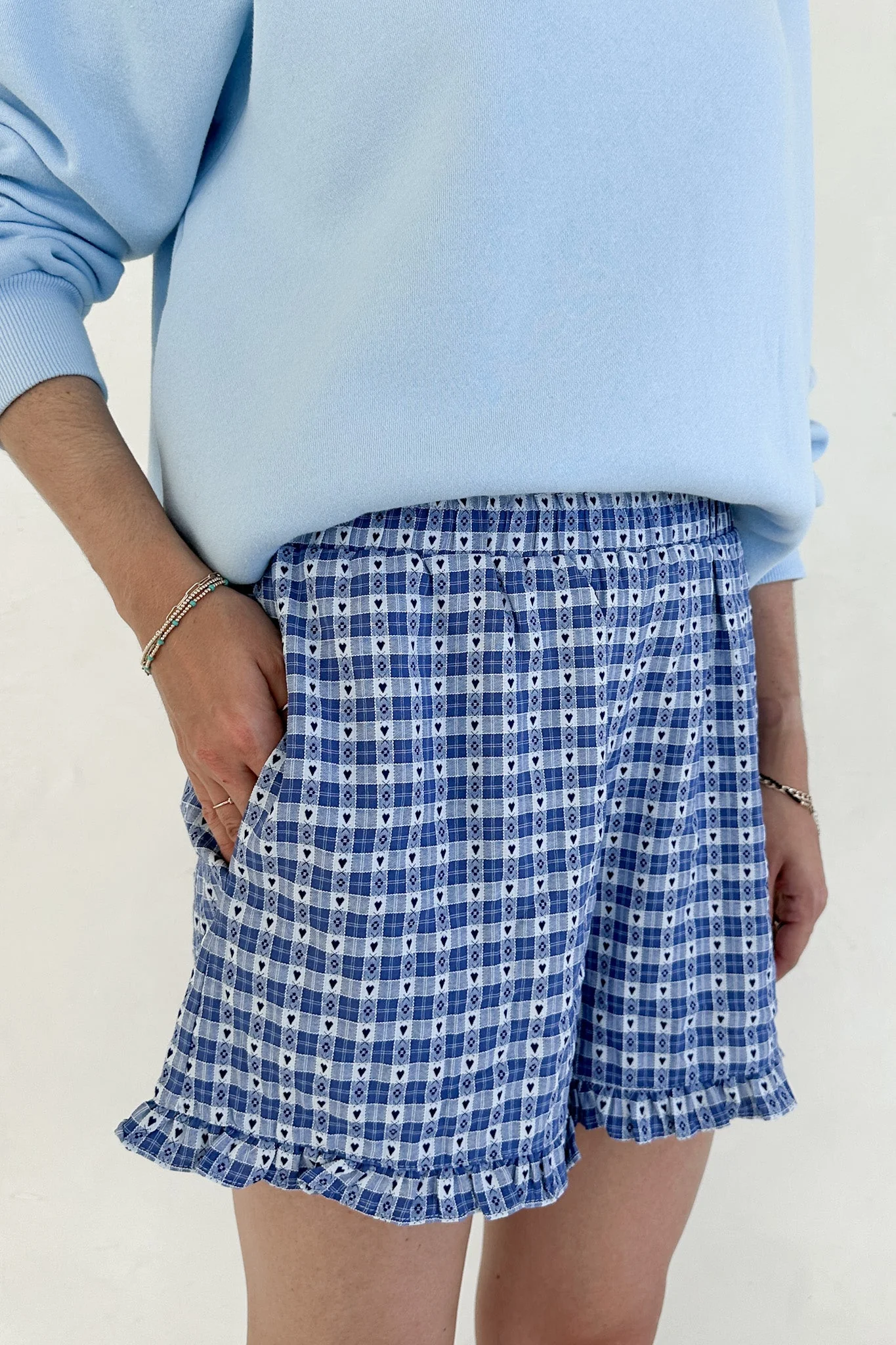 Love Letter Gingham Checkered Heart Ruffle Shorts in Blue - Image 2