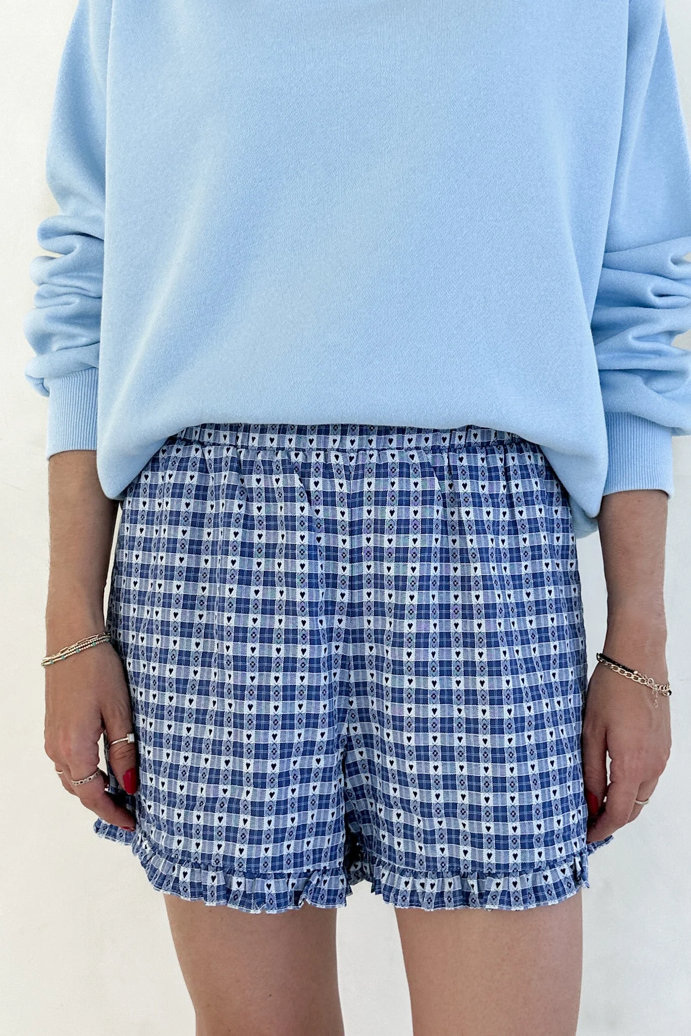 Love Letter Gingham Checkered Heart Ruffle Shorts in Blue - Image 5