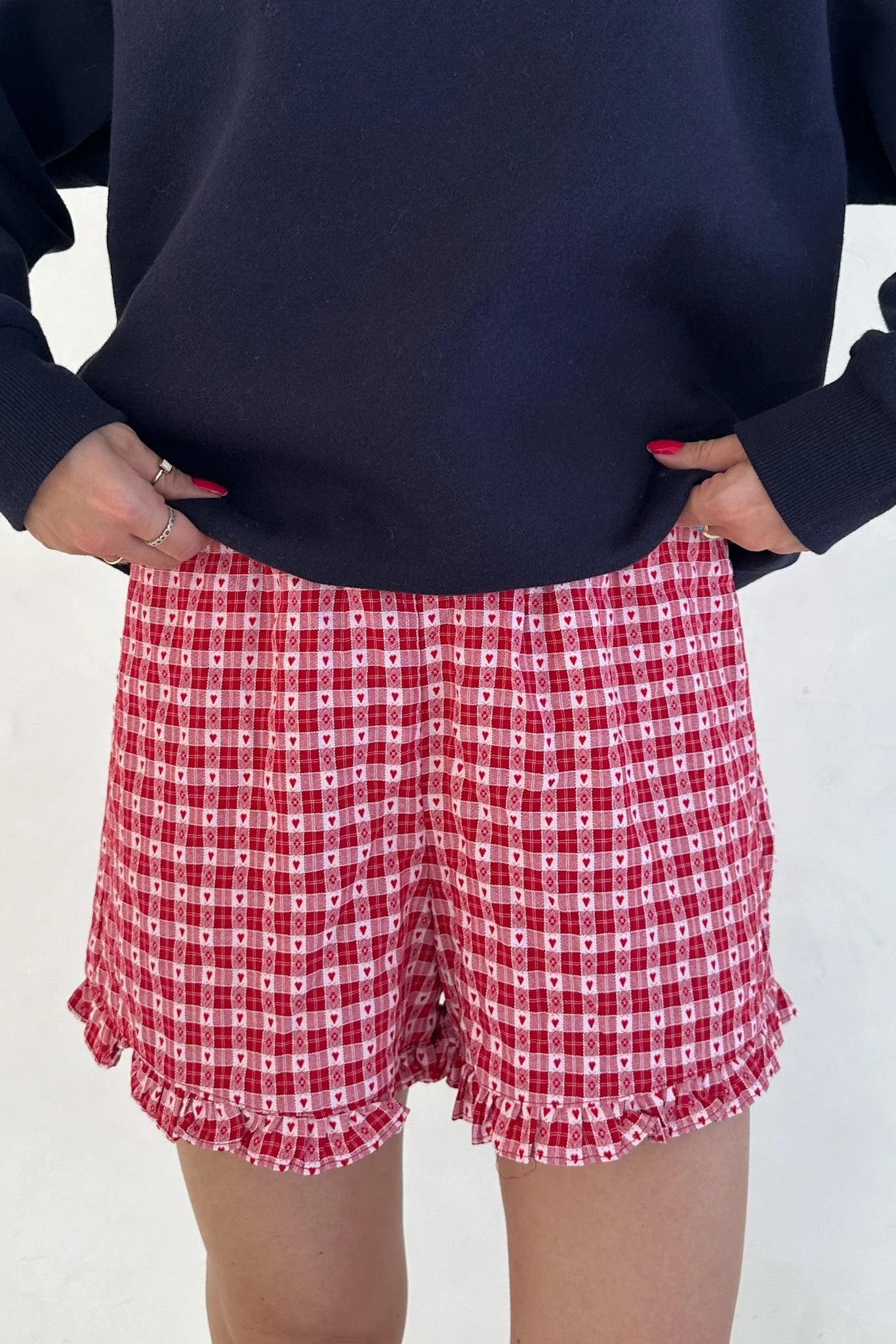 Love Letter Gingham Checkered Heart Ruffle Shorts in Red