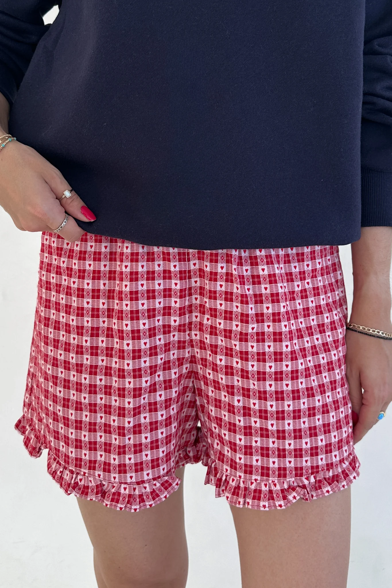 Love Letter Gingham Checkered Heart Ruffle Shorts in Red - Image 3