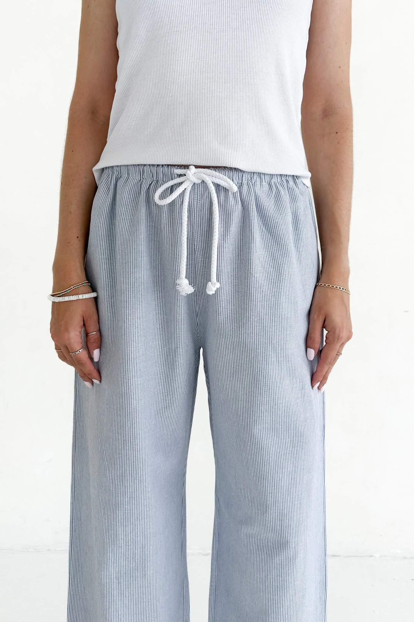 Low Tide Blue Pinstripe Wide Leg Linen Blend Pants - Image 3
