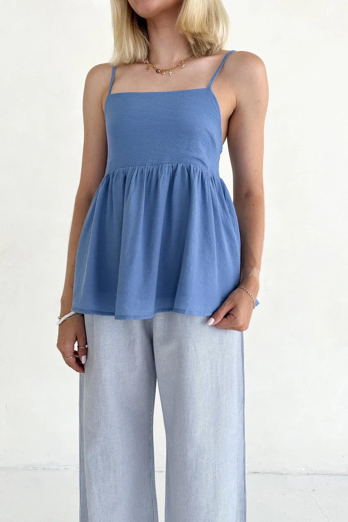 Low Tide Blue Pinstripe Wide Leg Linen Blend Pants - Image 4
