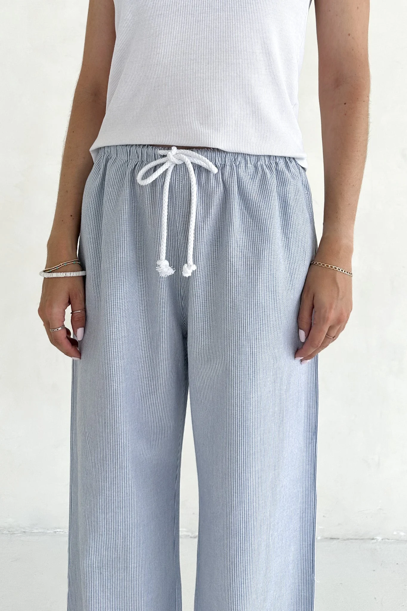 Low Tide Blue Pinstripe Wide Leg Linen Blend Pants - Image 5